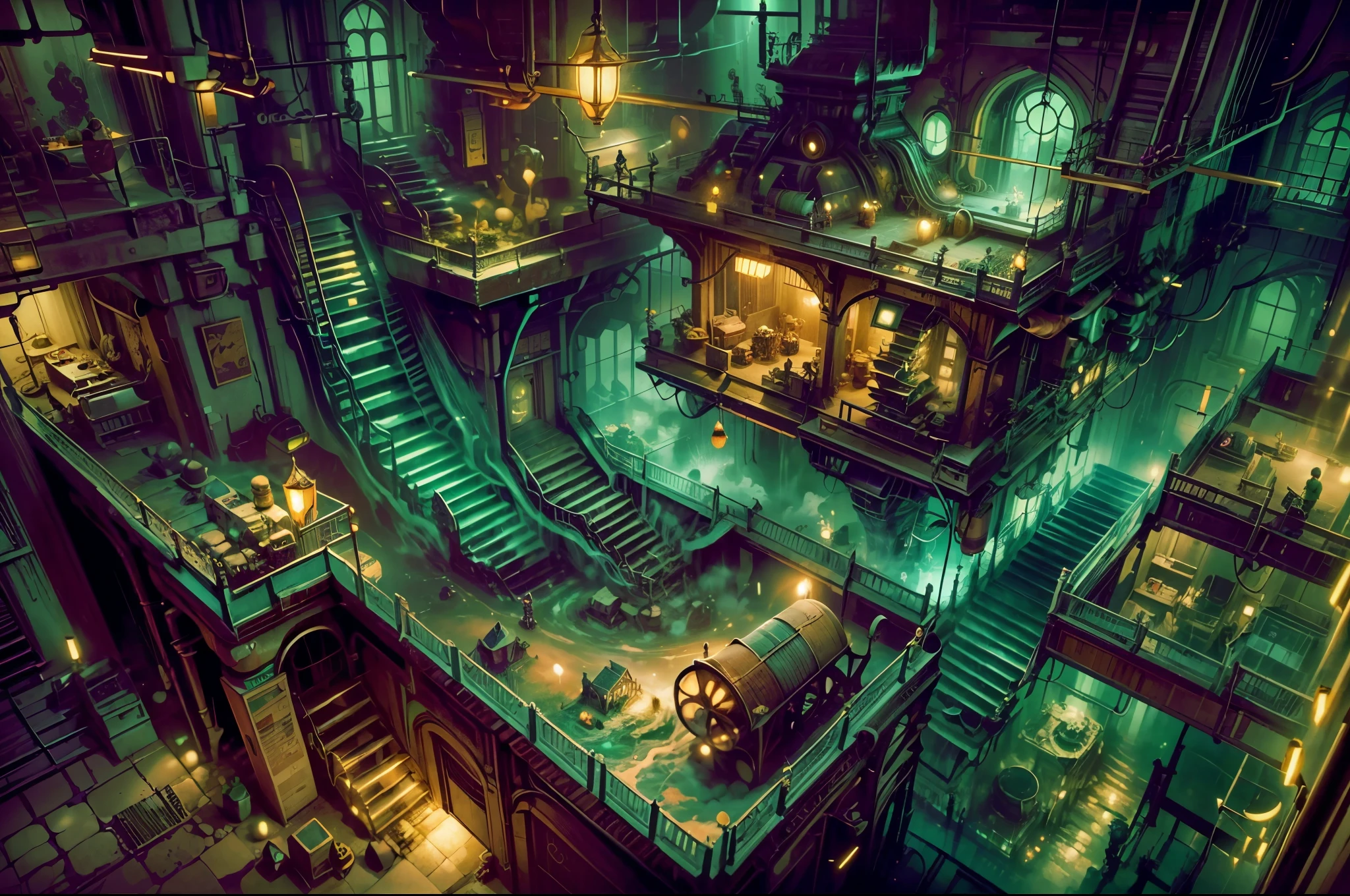 View from a house top,underground city,dwarf city,amethyst on the ceiling,gold mine,underground mining city,semi-steampunk and fantasy mix,water line traversing the city,(best quality,4k,8k,highres,masterpiece:1.2),ultra-detailed,(realistic,photorealistic,photo-realistic:1.37),portraits,landscape,horror,anime,sci-fi,photography,concept artists,vivid colors,studio lighting