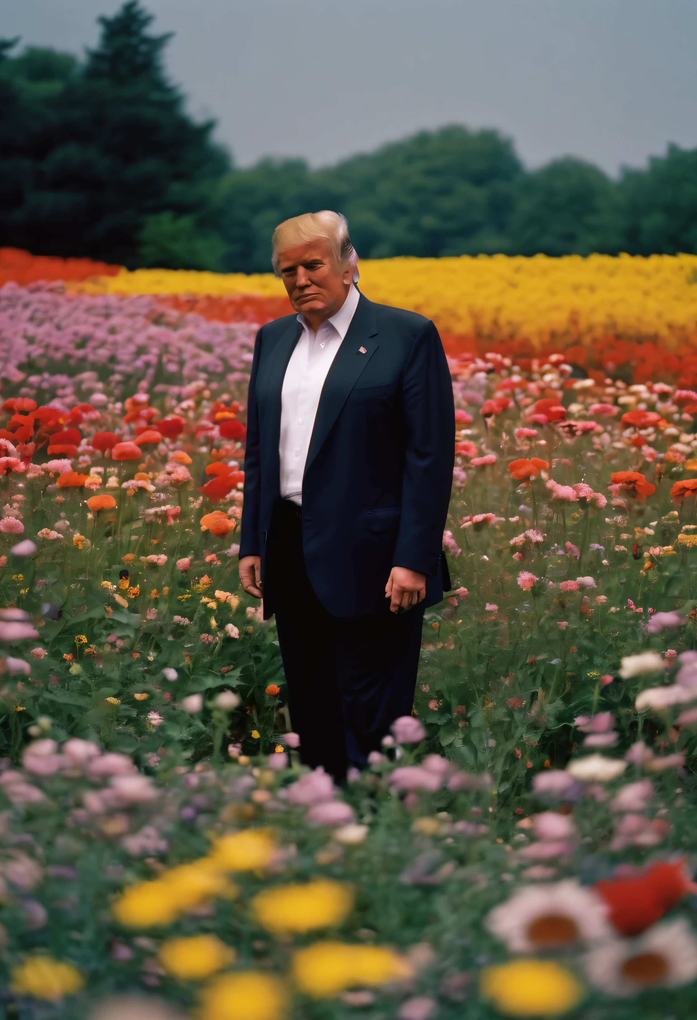 happy Donald Trump standing in a beautiful field of flowers, colorful flowers everywhere, perfect lighting, leica summicron 35mm f2.0, Kodak Portra 400, film grain
