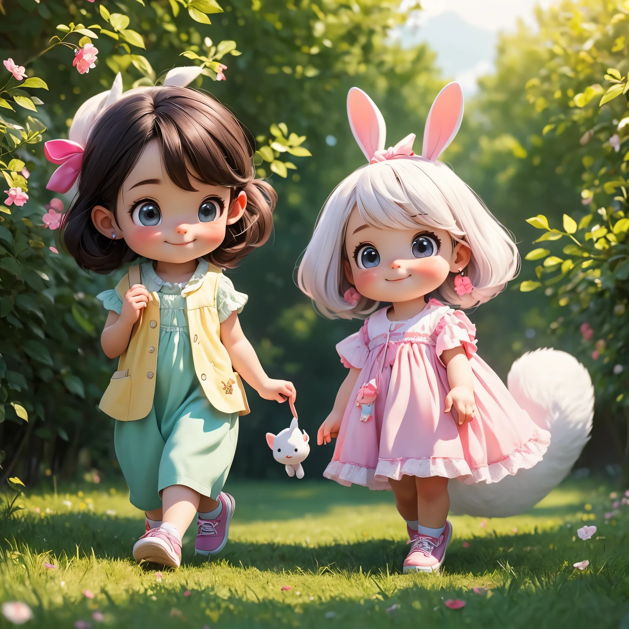 (photorealistic:1.37)、octane rendering、Morning park、Walk with a rabbit doll、Girl has twin tail hairstyle and smiles、Bright colors、soft sunlight、beautiful flower、green grass、playful atmosphere、peaceful environment、detailed texture、Bright colors、cute shoes with accessories、He looks happy