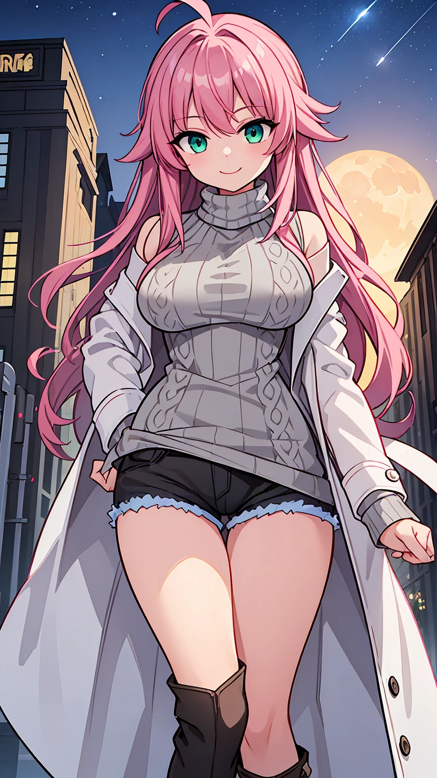 (masterpiece,best quality, detailed,hires:1.4),portrate,1girl,standing,16yo,(solo:1.4),winter city scape,(street:1.3),(big moon,detailed full moon,night sky,fine sky),BREAK,super dericate hair,ahoge,pink hair,long hair,detailed face,(green eyes),beautiful detailed eyes,sparkling eyes,big eyes,tareme,bloom,glowing,glowing skin,colossal breast,BREAK,(put on white long coat,with white fur:1.4),BREAK, (gray turtleneck sweater:1.48),BREAK,(denim short shorts:1.2), (black stockings:1.4),(brown long boots:1.2),close up breast,(smile:1.4),blush,(head to crotch,below the knee and feet are out of sight:1.4),from below,