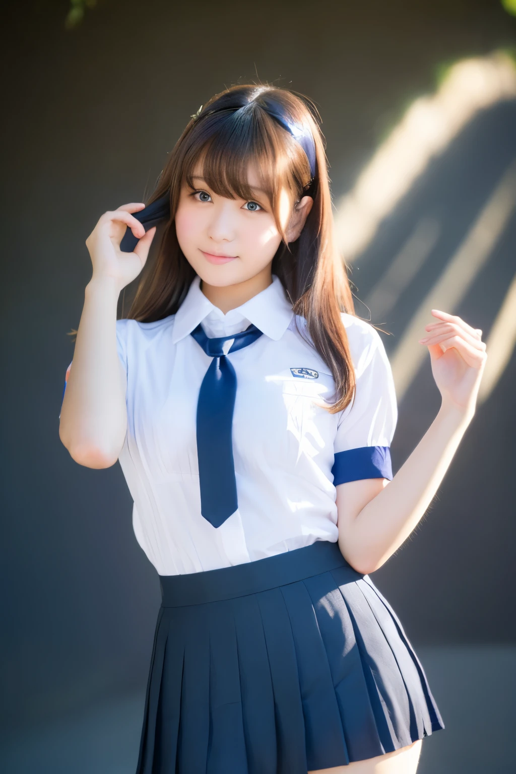 cute japanese girl (18-year-old) Wearing a blue miniskirt high school uniform、holding valentine chocolate in hand。