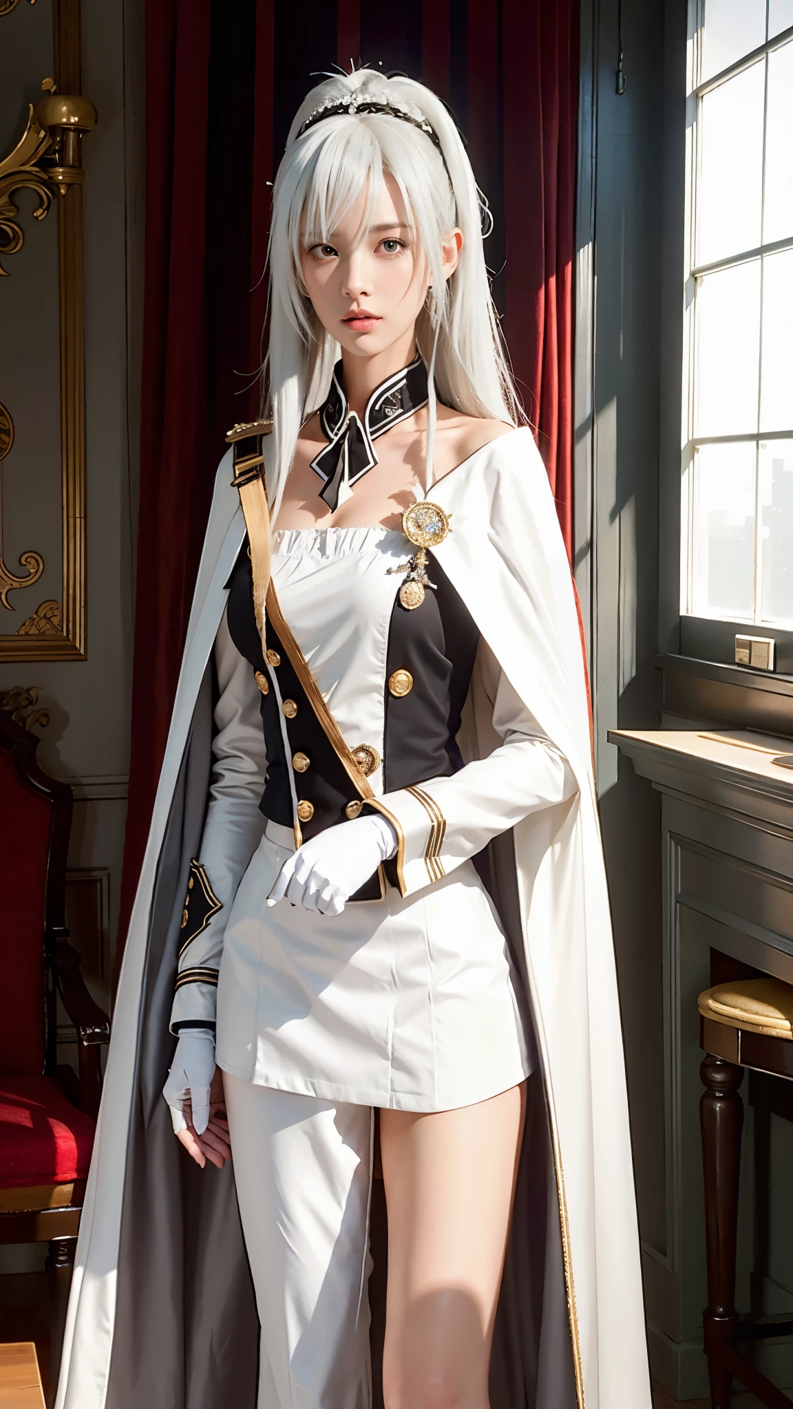 style image of a woman in a white suit and cape, delicate androgynous prince, beautiful androgynous prince, inspired by Li Chevalier, from girls frontline, fine details. girls frontline, from the azur lane videogame, characters from azur lane, azur lane style, girls frontline style, girls frontline cg, official character art, white haired deity