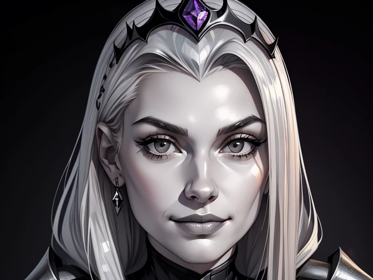masterpiece, best quality, realistic, 1girl, mature female, quiet and charming young girl, 18 year old, a smirk, closed mouth, white skin, portrait, extremely detailed face, cold and smirk, ((small dark gray  eyes)), (( Platinum hair)), [thin eyebrows], sliver and black jewelry, dark palace, ((Princess)), dim light, evil, metallic spiders background