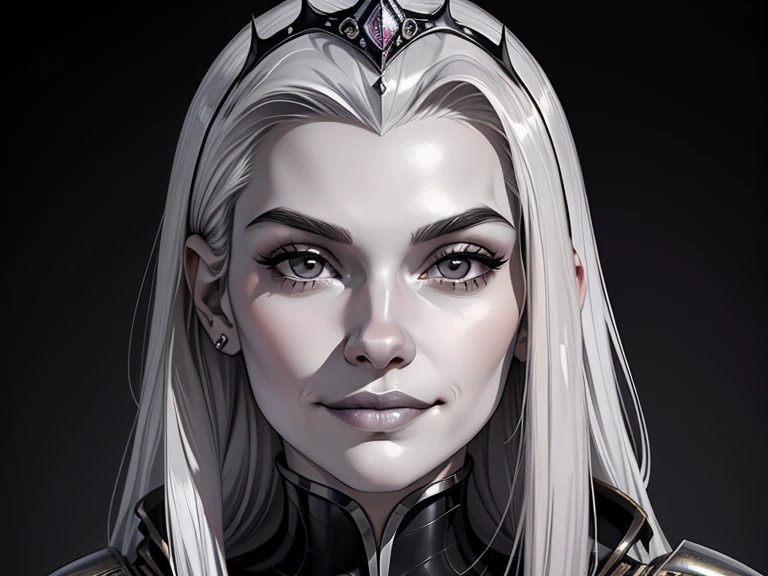 masterpiece, best quality, realistic, 1girl, mature female, quiet and charming young girl, 18 year old, a smirk, closed mouth, white skin, portrait, extremely detailed face, cold and smirk, ((small dark gray  eyes)), (( Platinum hair)), [thin eyebrows], sliver and black jewelry, dark palace, ((Princess)), dim light, evil, metallic spiders background