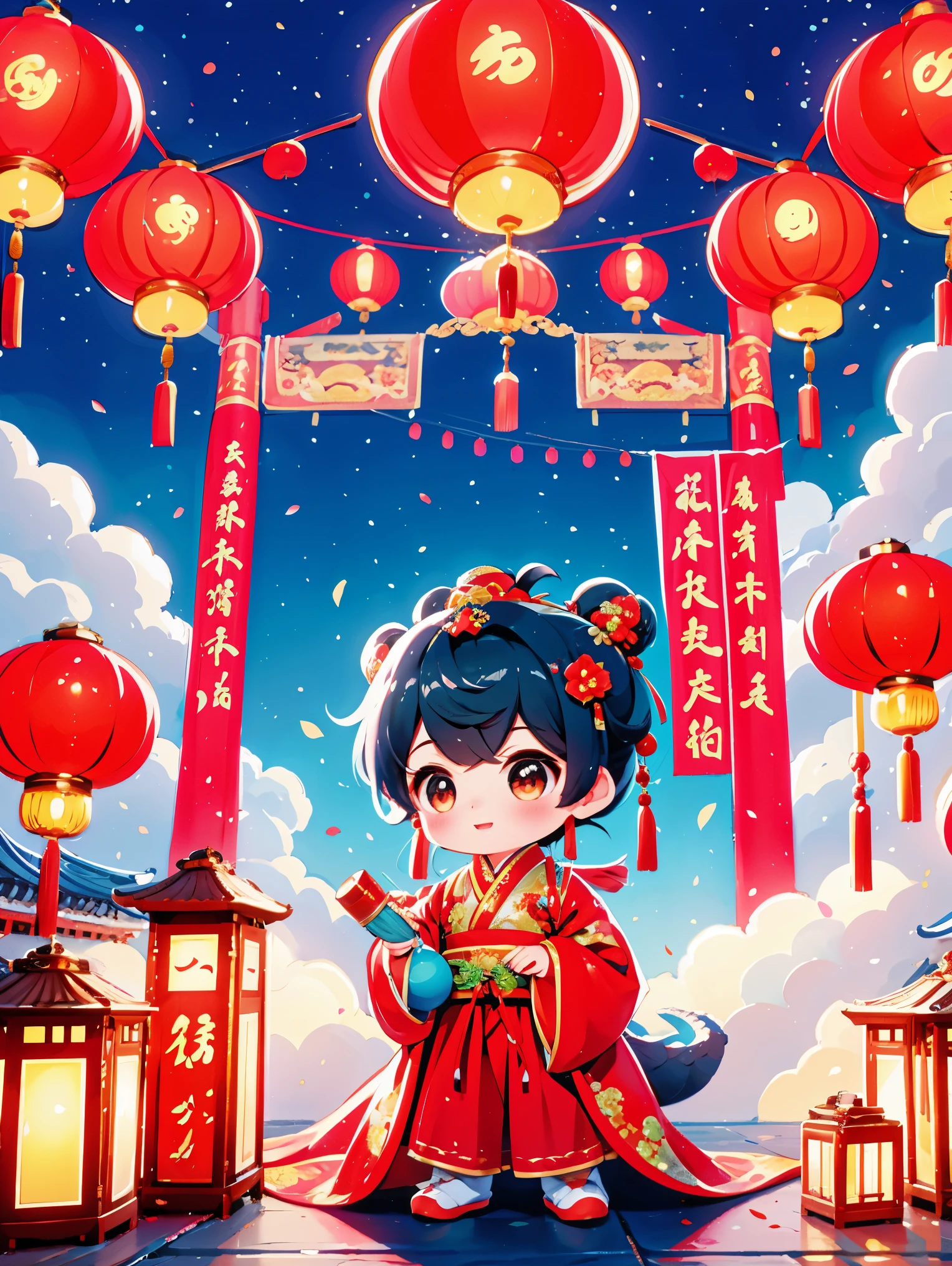 1 男孩拥抱cute的小中国龙，little prince of china，Chinese little dragon，cute，festival，Chinese New Year，firecrackereworks，lantern