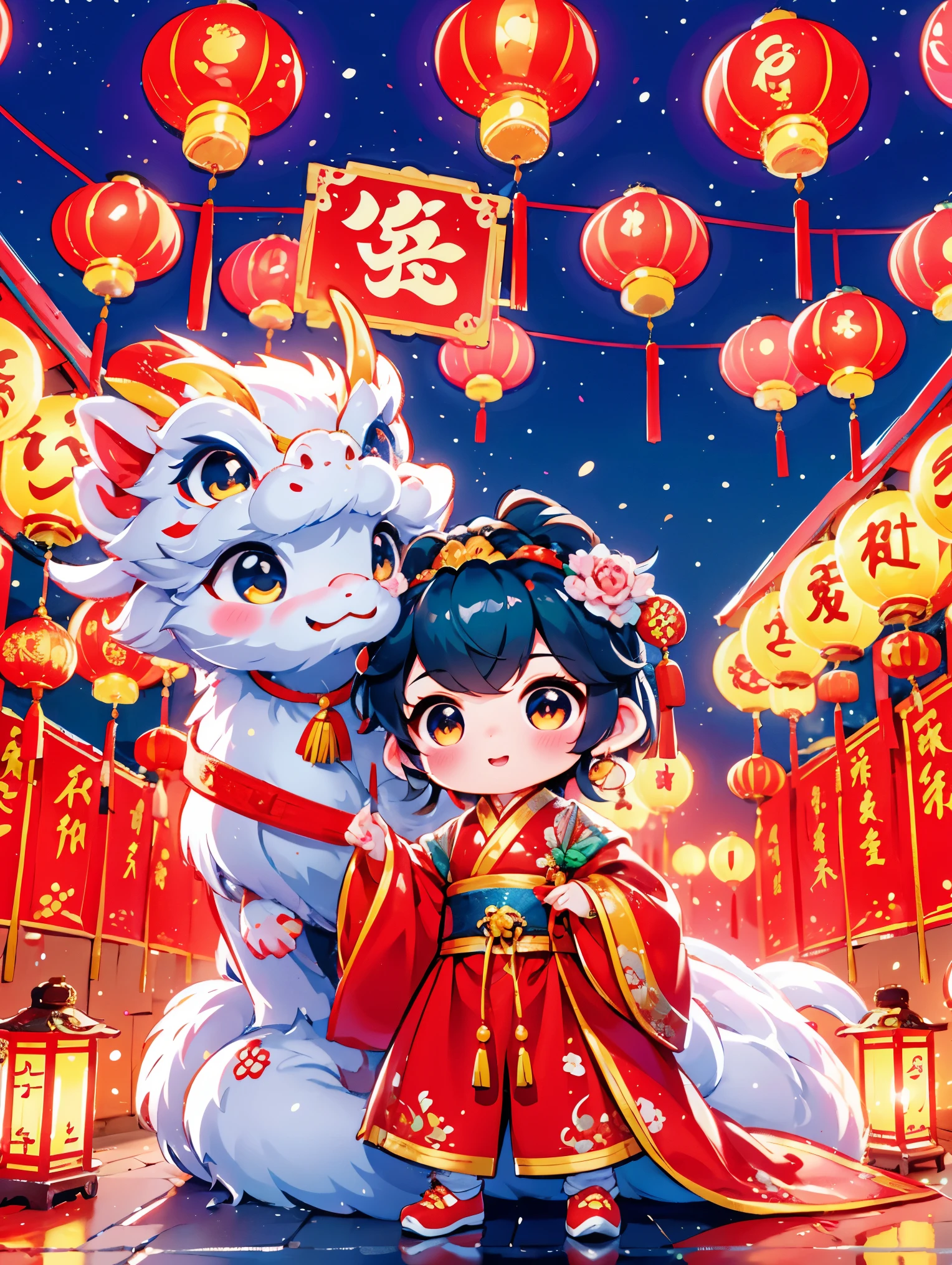 1 男孩拥抱cute的小中国龙,little prince of china,Chinese little dragon,cute,festival,Chinese New Year,firecrackereworks,lantern