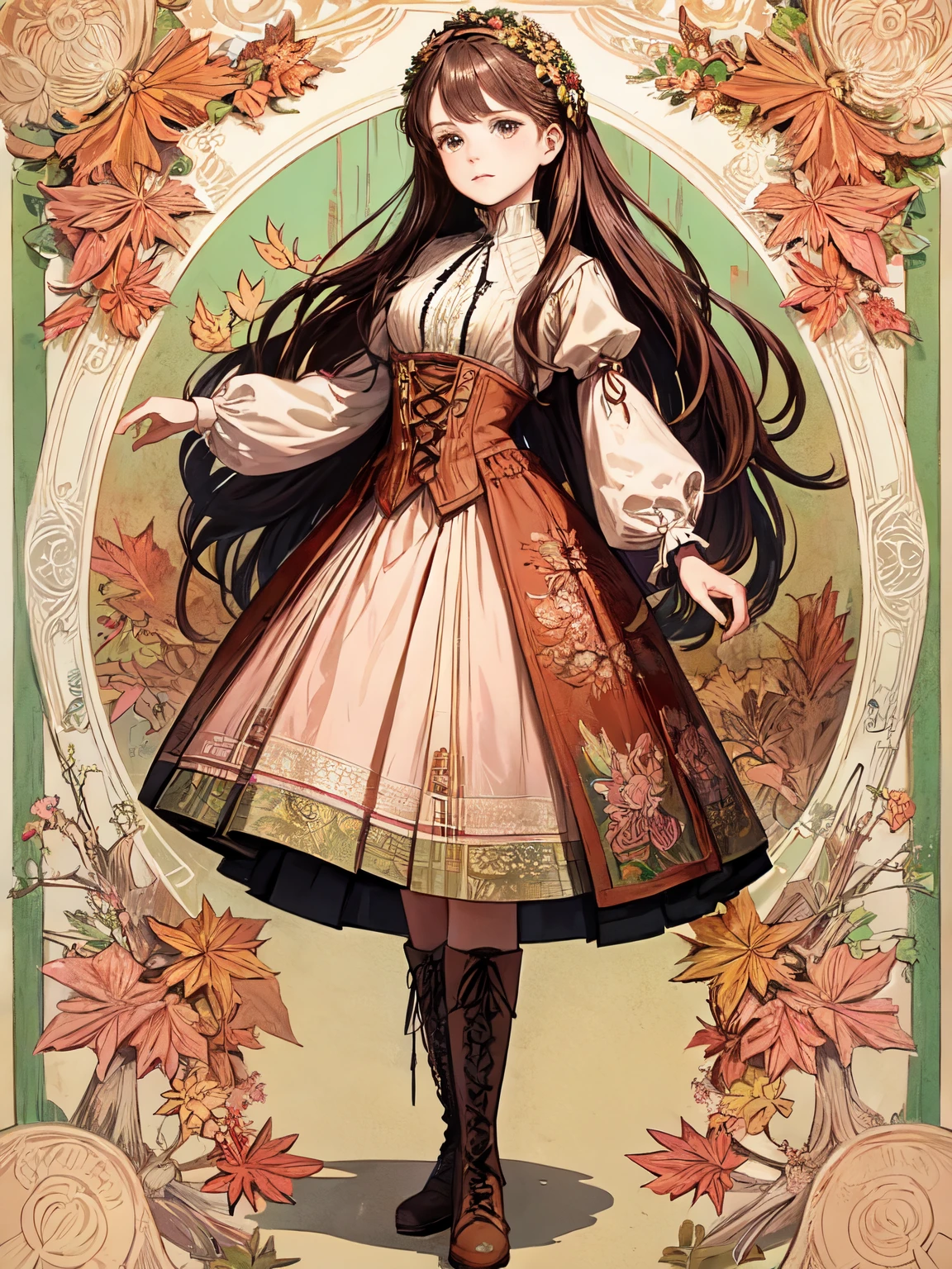 A girl with lace-up boots and feminine autumn clothes poses for a postcard illustration. She has a style of Mucha, with long hair, a oval face, and a floral border. She stands on a carpet of autumn leaves and pine cones, which match her pink and brown outfit.