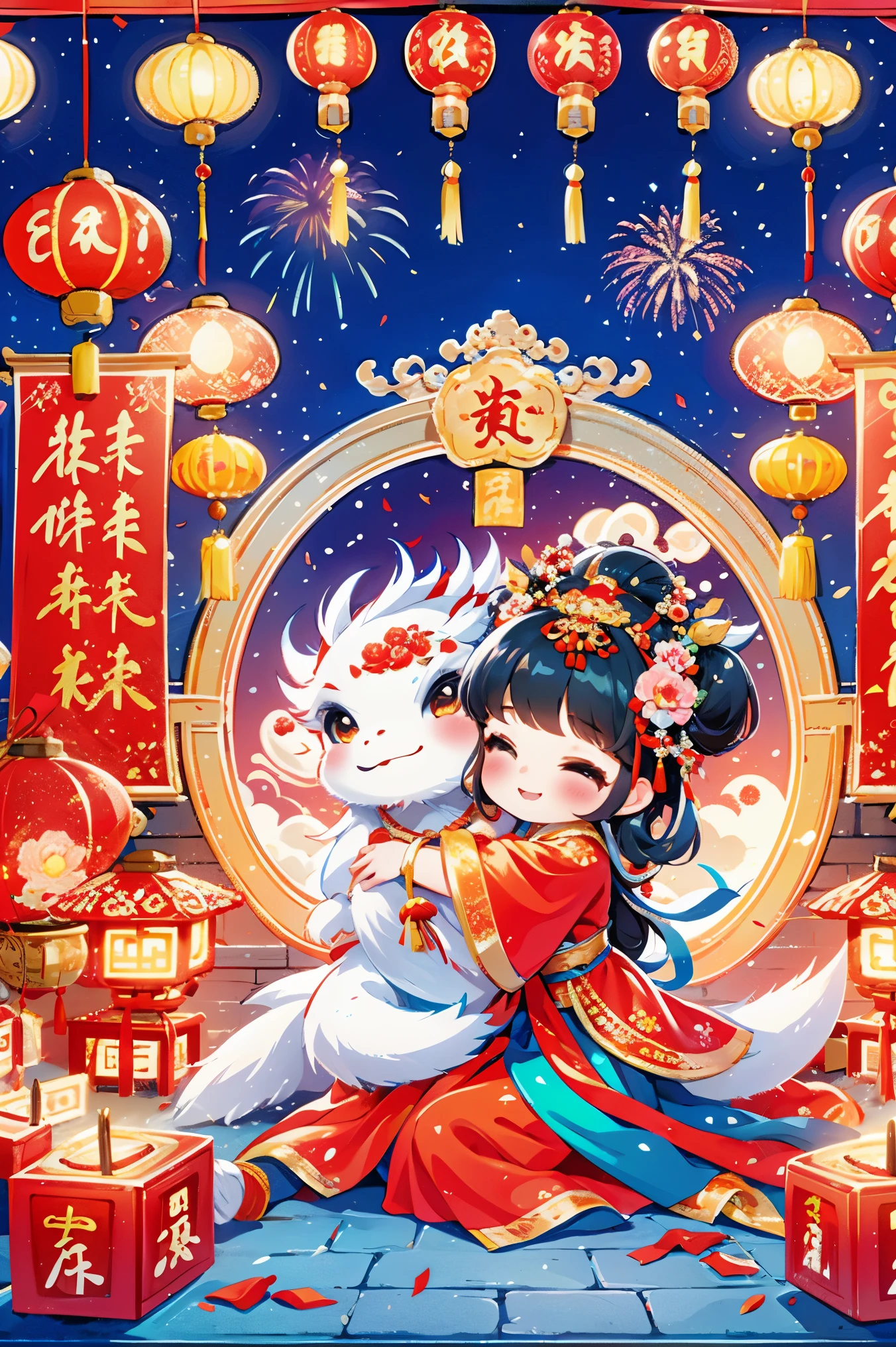 1 girl hugging cute little chinese dragon, chinese little princess, chinese dragon, cute, festival, chinese new year, firecrackers, fireworks, lanterns