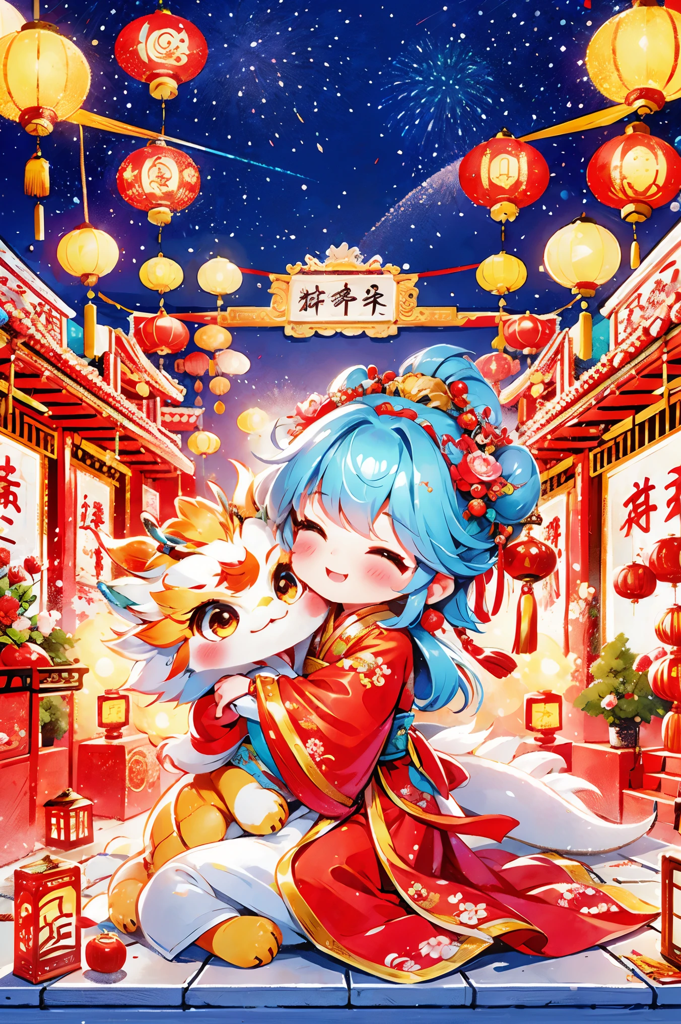 1 girl hugging cute little chinese dragon, chinese little princess, chinese dragon, cute, festival, chinese new year, firecrackers, fireworks, lanterns