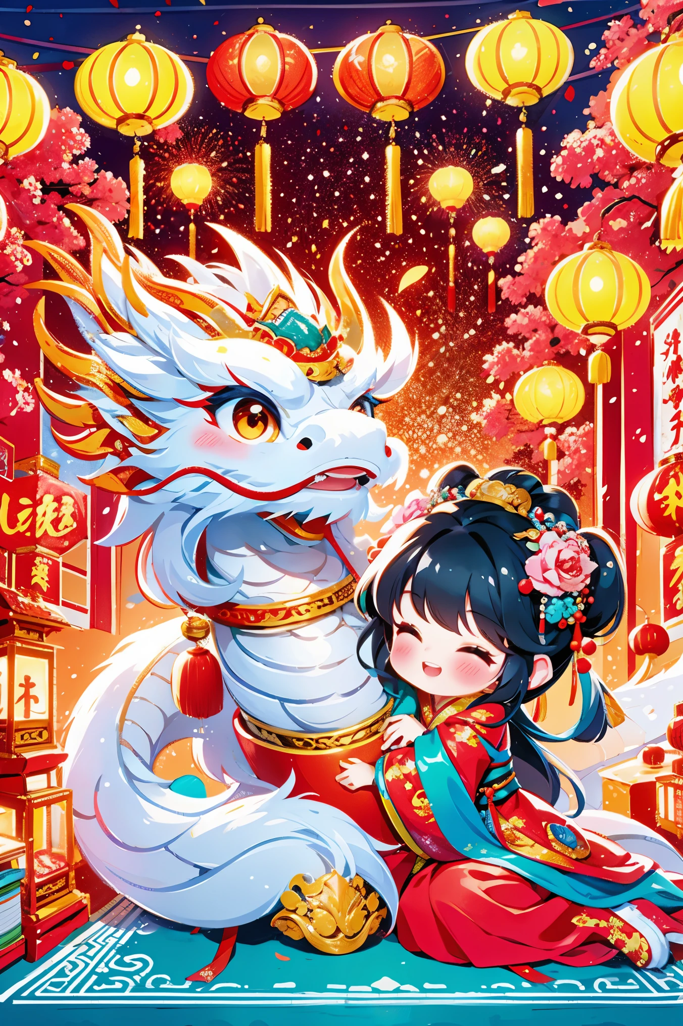 1 girl hugging cute little chinese dragon, chinese little princess, chinese dragon, cute, festival, chinese new year, firecrackers, fireworks, lanterns