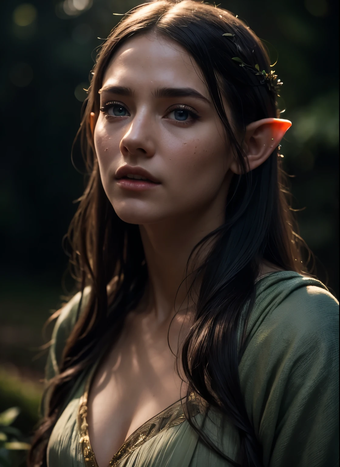 (detailed face, detailed eyes, clear skin, clear eyes), lotr, fantasy, elf, female, full body, looking at viewer, portrait, photography, detailed skin, realistic, photo-realistic, 8k, highly detailed, full length frame, High detail RAW color art, piercing, diffused soft lighting, shallow depth of field, sharp focus, hyperrealism, cinematic lighting