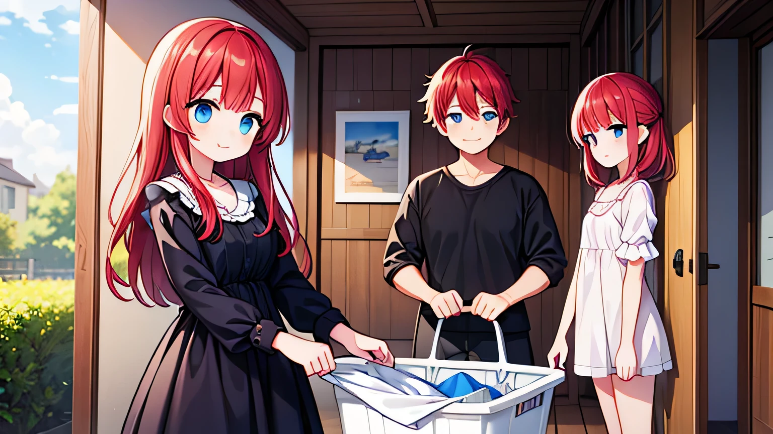 anime, (masterpiece:1.2), outside small house, daylight , a girl with long red hair and blue eyes in black dress is helping her parents with laundry, light smile