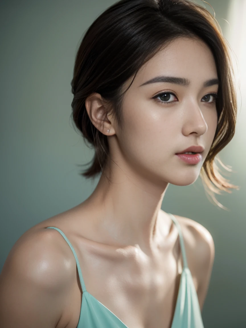 top-quality、​masterpiece、超A high resolution、(Photorealsitic:1.5)、Raw foto、Skin Tight Black Top:1.2, Looking at Viewer, Cinematic lighting, Perfect, softlight, High resolution skin:1.2, Realistic skin texture, 30 years old ,close-up portrait super model Korea Man ,random formal suit fashion celebrity wearing,light color background --ar 3:4 --c 10** - Variations (Strong) small face、no-makeup、off shoulders, Exposed cleavage, Blue eyes, Short hair,dark brown  hair、green background sexy high,no wear 