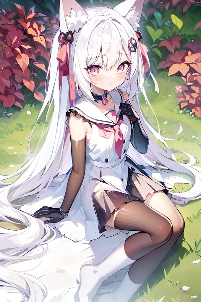 White-haired anime girl with cat ears sitting on the grass, Lolita in skirt, Small curvaceous , perfect White hair girl, fleet collection style, Cute anime waifu wearing beautiful clothes, cute anime girl, young anime girl, White hair的女孩, anime style 4k, Anime visual of a cute girl, pretty anime girl, White hair