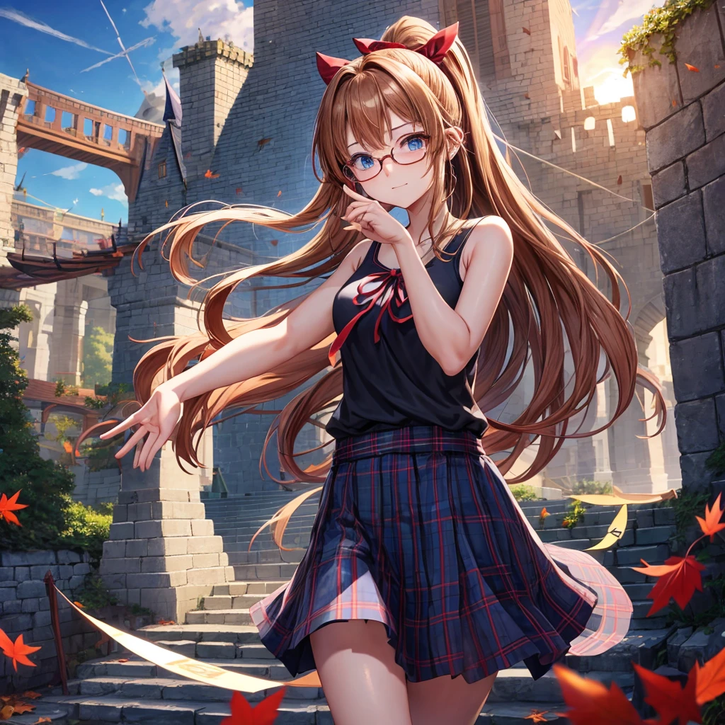 reddish-brown blonde、blue hair、blue eyes、ponytail、one good looking girl、solo、anime、Plaid miniskirt、camisole、black t-shirt、Tilting your face、Doing the ribbon、Ribbon at waist、sunset sky、broken stone stairs、tunnel、Fallen leaves、wearing glasses、Light and shadow、maze、monster castle、lanthanum、corridor、One leg is raised、pinwheel、castle floating in the air、7 cylinders、Jewelry box、flag