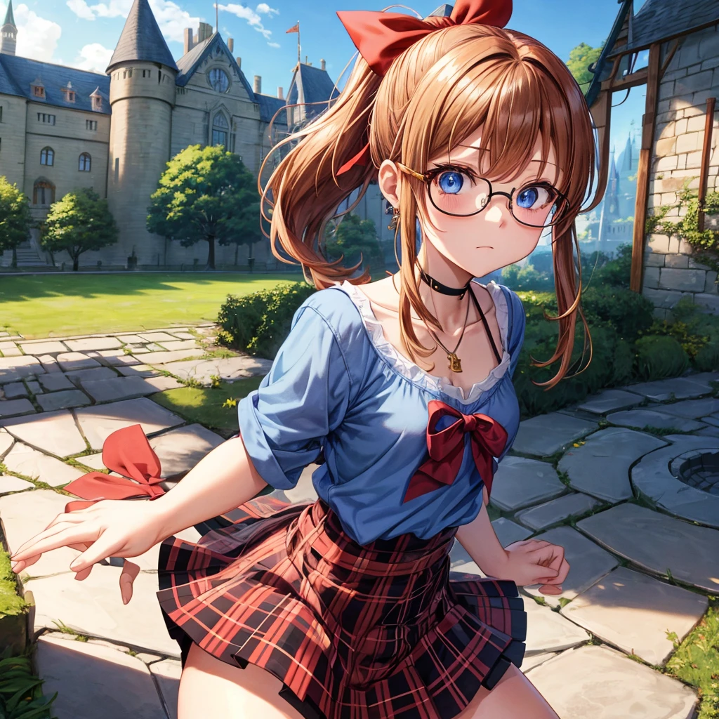 reddish-brown blonde、blue hair、blue eyes、ponytail、one good looking girl、solo、anime、Plaid miniskirt、camisole、black t-shirt、Tilting your face、Doing the ribbon、Ribbon at waist、sunset sky、broken stone stairs、tunnel、Fallen leaves、wearing glasses、Light and shadow、maze、monster castle、lanthanum、corridor、One leg is raised、pinwheel、castle floating in the air、7 cylinders、Jewelry box、flag