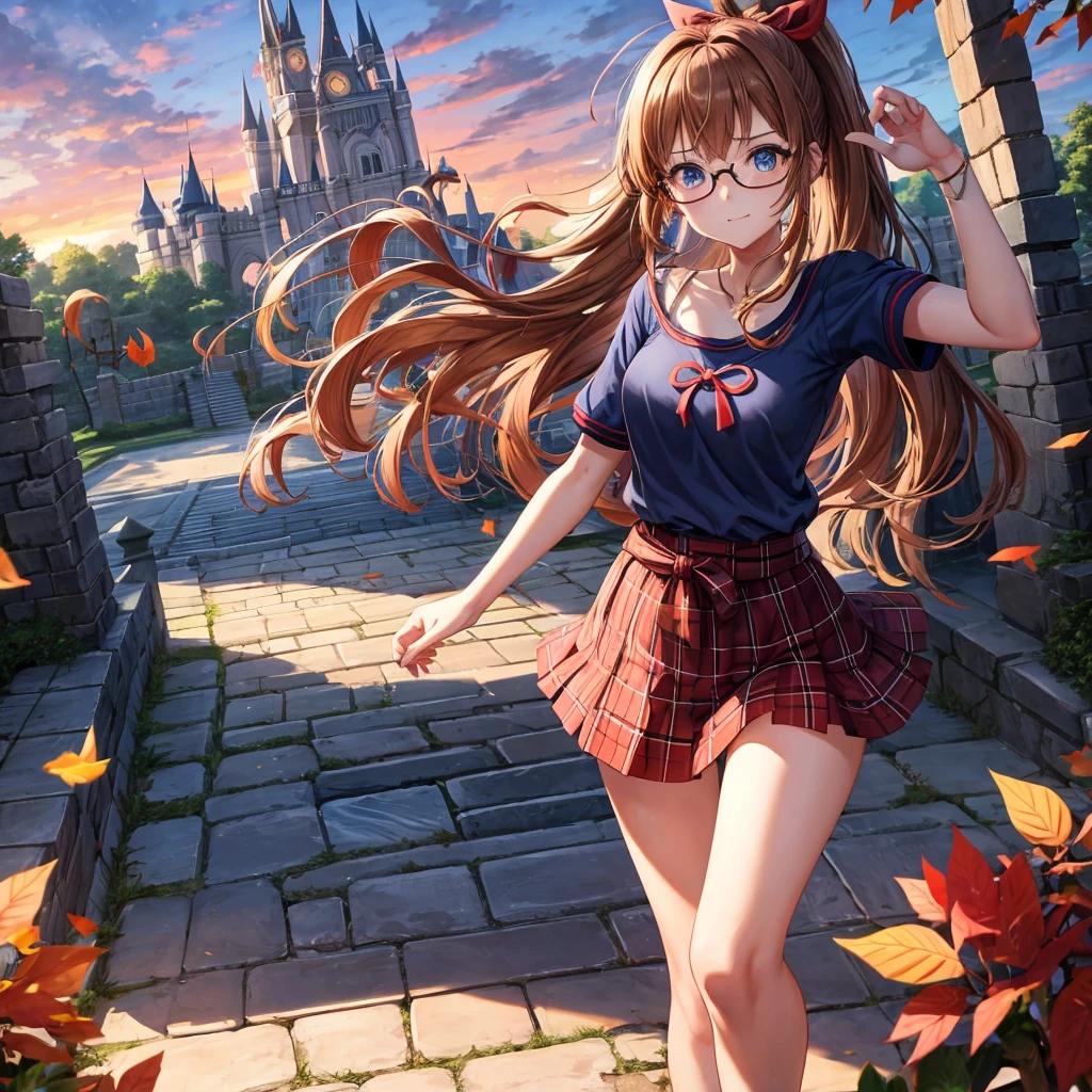 reddish-brown blonde、blue hair、blue eyes、ponytail、one good looking girl、solo、anime、Plaid miniskirt、camisole、black t-shirt、Tilting your face、Doing the ribbon、Ribbon at waist、sunset sky、broken stone stairs、tunnel、Fallen leaves、wearing glasses、Light and shadow、maze、monster castle、lanthanum、corridor、One leg is raised、pinwheel、castle floating in the air、7 cylinders、Jewelry box、flag