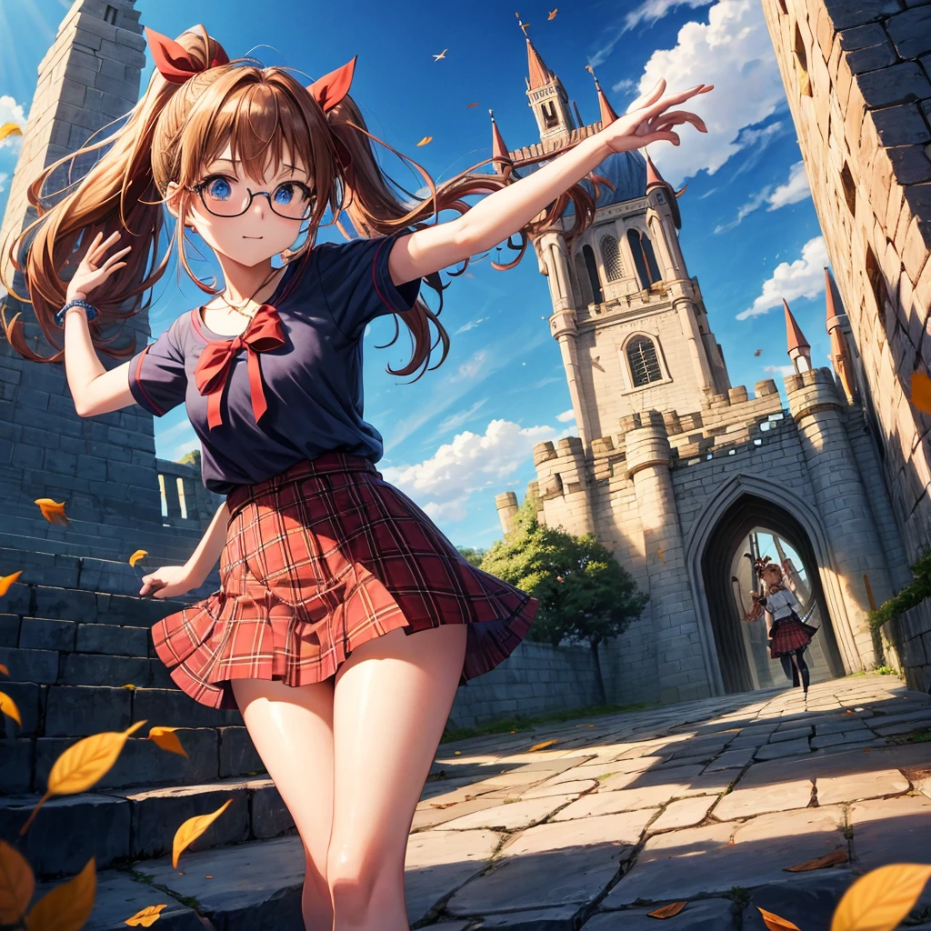 reddish-brown blonde、blue hair、blue eyes、ponytail、one good looking girl、solo、anime、Plaid miniskirt、camisole、black t-shirt、Tilting your face、Doing the ribbon、Ribbon at waist、sunset sky、broken stone stairs、tunnel、Fallen leaves、wearing glasses、Light and shadow、maze、monster castle、lanthanum、corridor、One leg is raised、pinwheel、castle floating in the air、7 cylinders、Jewelry box、flag