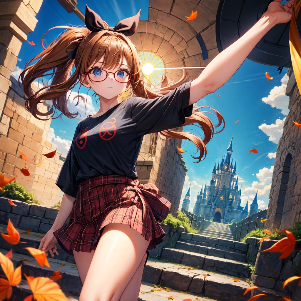 reddish-brown blonde、blue hair、blue eyes、ponytail、one good looking girl、solo、anime、Plaid miniskirt、camisole、black t-shirt、Tilting your face、Doing the ribbon、Ribbon at waist、sunset sky、broken stone stairs、tunnel、Fallen leaves、wearing glasses、Light and shadow、maze、monster castle、lanthanum、corridor、One leg is raised、pinwheel、castle floating in the air、7 cylinders、Jewelry box、flag