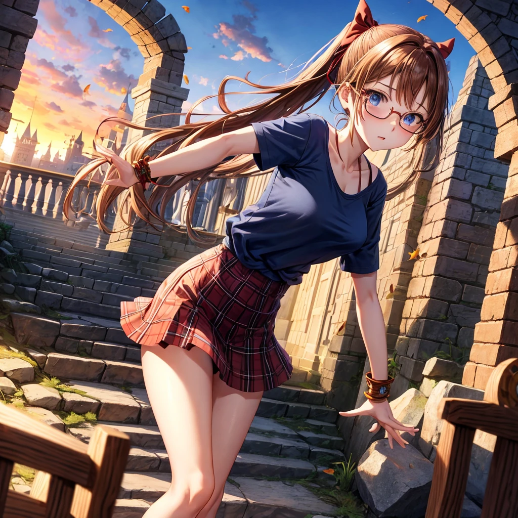 reddish-brown blonde、blue hair、blue eyes、ponytail、one good looking girl、solo、anime、Plaid miniskirt、camisole、black t-shirt、Tilting your face、Doing the ribbon、Ribbon at waist、sunset sky、broken stone stairs、tunnel、Fallen leaves、wearing glasses、Light and shadow、maze、monster castle、lanthanum、corridor、One leg is raised、pinwheel、castle floating in the air、7 cylinders、Jewelry box、flag