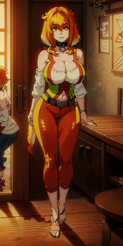 place:(day:1.7), in forest village, wooden kitchen ,brick_wall,
action:dungeon, standing, (large breast:1.5), dynamic pose,
trappings:(White_Sleeveless_Shirt:1.2),(Black_Choker),arm_strap, armband, bare_shoulders,red pants,belt,Deep_cleavage,(navel:1.1),cleavage cutout, (small talons on the forearm:1.2),
The character:choker,
the hair:(tall:1.2), (short_red_hair:1.2155), yellow eyes,bangs,
Eye expressions:looking at viewer, (innocent_big_eyes:1.3),
Quality: official art,extremely detailed CG unity 8k wallpaper, perfect lighting,Colorful, Bright_Front_face_Lighting, (masterpiece:1.0),(best_quality:1.0), ultra high res,4K,ultra-detailed, photography, 8K, HDR, highres, absurdres:1.2, Kodak portra 400, film grain, blurry background, bokeh:1.2, lens flare, (vibrant_color:1.2)
big breasts body: (Beautiful,large_Breasts:1.4), (narrow_waist), (skindentation, narrow waist, thighs, wide hips, half eye close, eyeliner, eyelashes, perfect face, detailed eyes, facial lighting:1.2),