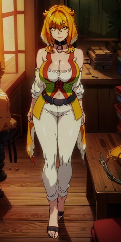 place:(day:1.7), in forest village, wooden kitchen ,brick_wall,
action:dungeon, standing, (large breast:1.5), dynamic pose,
trappings:(White_Sleeveless_Shirt:1.2),(Black_Choker),arm_strap, armband, bare_shoulders,red pants,belt,Deep_cleavage,(navel:1.1),cleavage cutout, (small talons on the forearm:1.2),
The character:choker,
the hair:(tall:1.2), (short_red_hair:1.2155), yellow eyes,bangs,
Eye expressions:looking at viewer, (innocent_big_eyes:1.3),
Quality: official art,extremely detailed CG unity 8k wallpaper, perfect lighting,Colorful, Bright_Front_face_Lighting, (masterpiece:1.0),(best_quality:1.0), ultra high res,4K,ultra-detailed, photography, 8K, HDR, highres, absurdres:1.2, Kodak portra 400, film grain, blurry background, bokeh:1.2, lens flare, (vibrant_color:1.2)
big breasts body: (Beautiful,large_Breasts:1.4), (narrow_waist), (skindentation, narrow waist, thighs, wide hips, half eye close, eyeliner, eyelashes, perfect face, detailed eyes, facial lighting:1.2),