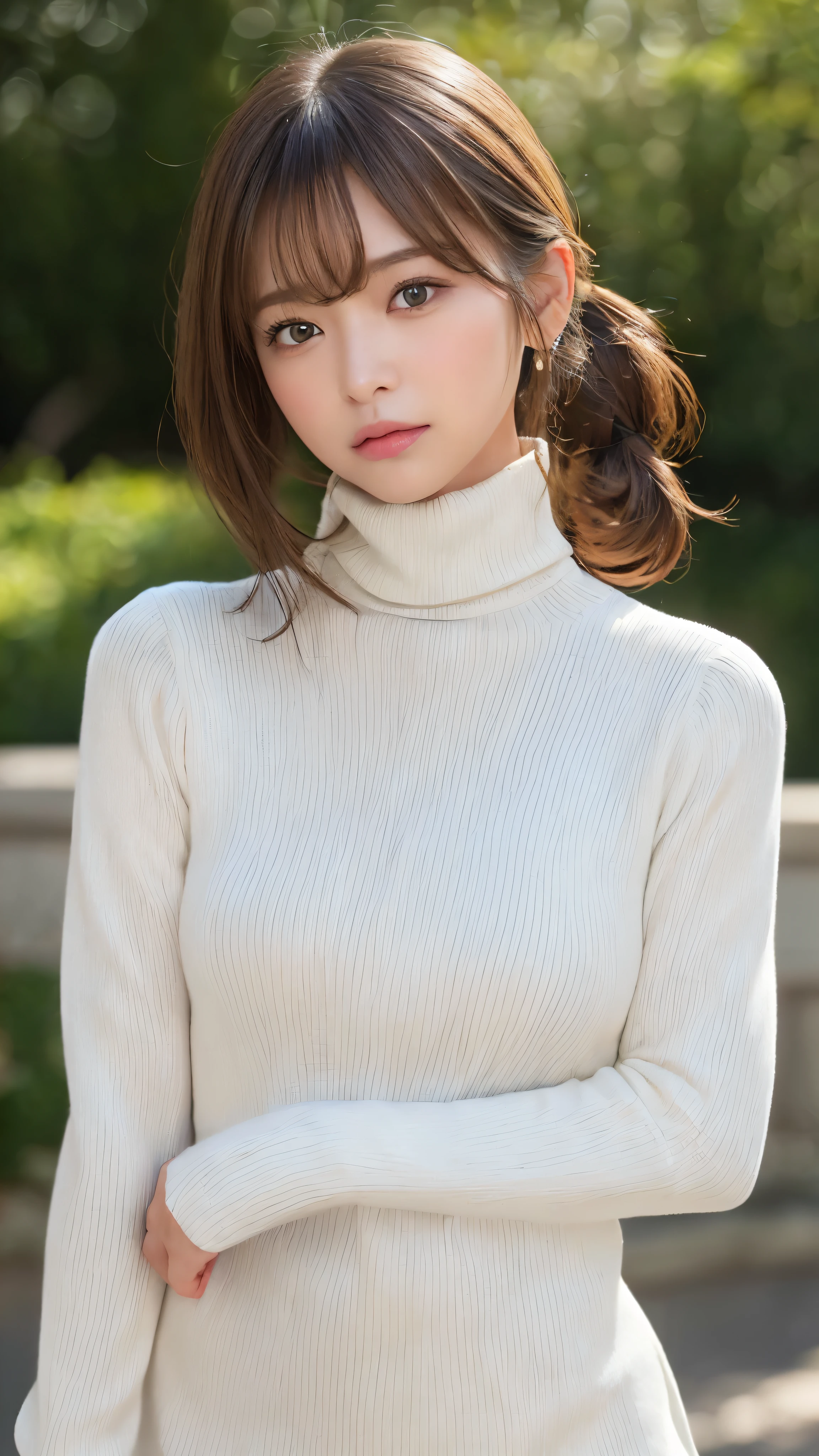(masterpiece:1.5)、(realistic:1.5)、(highest quality:1.4、8K、RAW photo)、
ultra high resolution、professional lighting、perfect dynamic composition、Shooting outdoors、
film grain、chromatic aberration、(Bokeh:1.1)、
Frank、Sophisticated、charm、超realistic、high detail、golden ratio、
(1 girl)、slender girl、繊細でcharm女の子、cute woman:1.4、
serious expression、looking at the viewer、various poses、
light brown hair、shining hair、Hair style is ponytail、
skin that looks real、
close your mouth、fine eyes、double eyelid、thin arms、、
(She is wearing a white turtleneck ribbed sweater dress.:1.3)、show thighs
