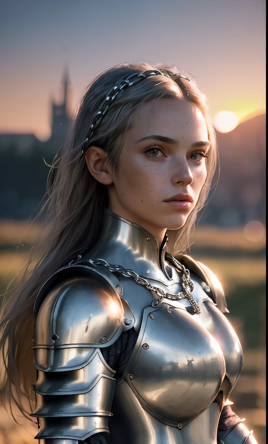 (masterpiece), (very complicated:1.3), (realistic), girl portrait, the most beautiful in the world, (medieval armor), metal reflection, Upper body, outdoor, intense sunlight, distant castle, Stunning female professional photo details, sharp focus, dramatic, Awards, cinematic lighting, Octane Rendering Unreal Engine, Volumetric DTX, (film grain, blurred background, blurred foreground, Bokeh, Depth of bounds written, sunset, motion blur:1.3), chain mail