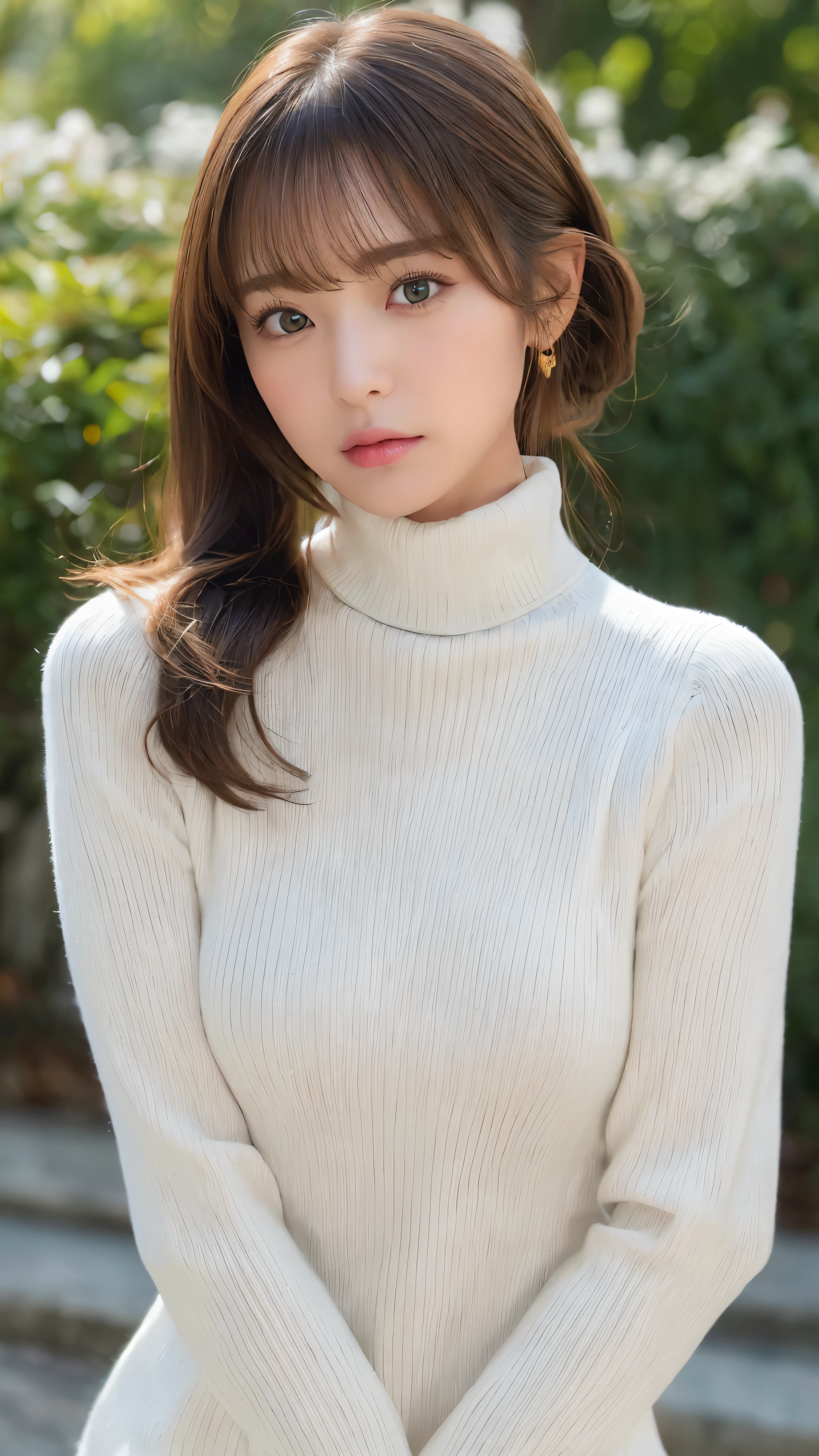 (masterpiece:1.5)、(realistic:1.5)、(highest quality:1.4、8K、RAW photo)、
ultra high resolution、professional lighting、perfect dynamic composition、Shooting outdoors、
film grain、chromatic aberration、(Bokeh:1.1)、
Frank、Sophisticated、charm、超realistic、high detail、golden ratio、
(1 girl)、slender girl、繊細でcharm女の子、cute woman:1.4、
serious expression、looking at the viewer、various poses、
light brown hair、shining hair、Hair style is ponytail、
skin that looks real、
close your mouth、fine eyes、double eyelid、thin arms、、
(She is wearing a white turtleneck ribbed sweater dress.:1.3)、show thighs