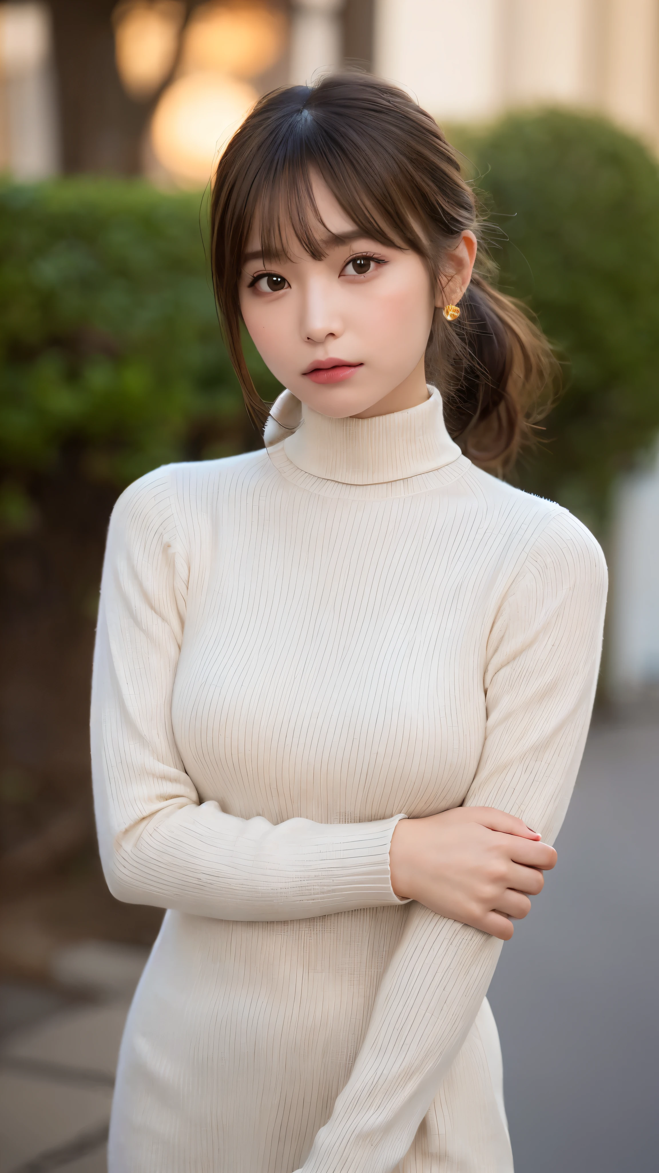 (masterpiece:1.5)、(realistic:1.5)、(highest quality:1.4、8K、RAW photo)、
ultra high resolution、professional lighting、perfect dynamic composition、Shooting outdoors、
film grain、chromatic aberration、(Bokeh:1.1)、
Frank、Sophisticated、charm、超realistic、high detail、golden ratio、
(1 girl)、slender girl、繊細でcharm女の子、cute woman:1.4、
serious expression、looking at the viewer、various poses、
light brown hair、shining hair、Hair style is ponytail、
skin that looks real、
close your mouth、fine eyes、double eyelid、thin arms、、
(She is wearing a white turtleneck ribbed sweater dress.:1.3)、show thighs