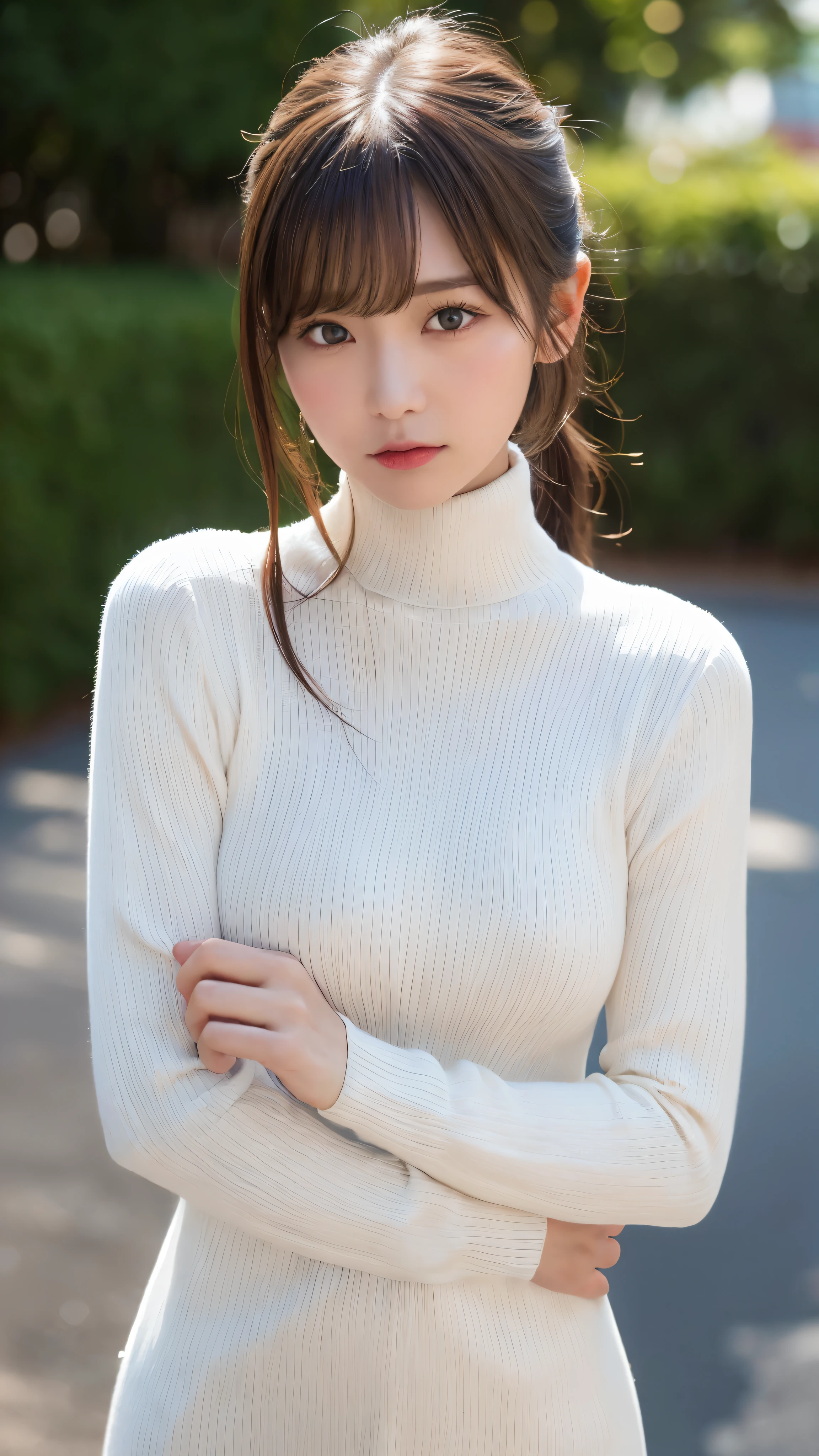 (masterpiece:1.5)、(realistic:1.5)、(highest quality:1.4、8K、RAW photo）、
ultra high resolution、professional lighting、perfect dynamic composition、Shooting outdoors、
film grain、chromatic aberration、(Bokeh:1.1)、
Frank、Sophisticated、charm、超realistic、high detail、golden ratio、
(1 girl)、slender girl、繊細でcharm女の子、cute woman:1.4、
serious expression、looking at the viewer、various poses、
light brown hair、shining hair、Hair style is ponytail、
skin that looks real、
close your mouth、fine eyes、double eyelid、thin arms、、
(She is wearing a white turtleneck ribbed sweater dress.:1.3)