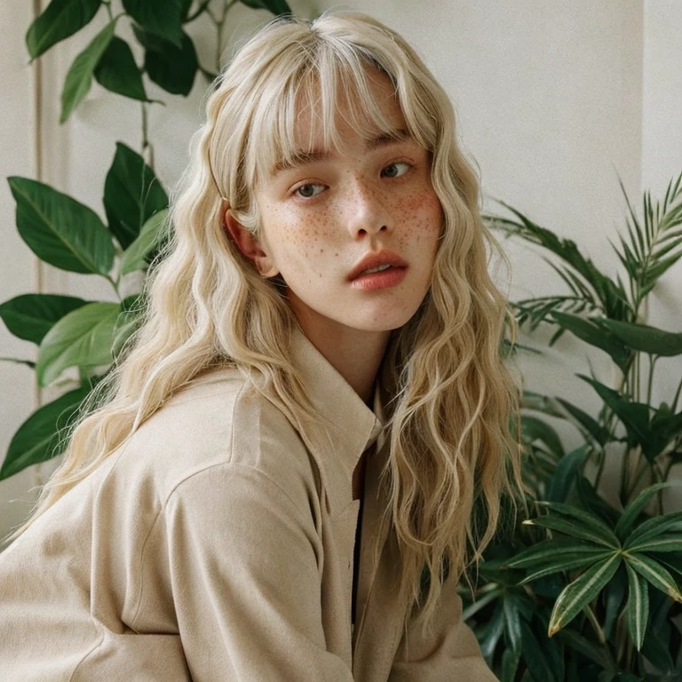 women are beige,20 year old woman、bangs、white beige hair color、freckles、minimalist、Foliage plant、Coffee is available.、Has a retro feel、fashion editorial
