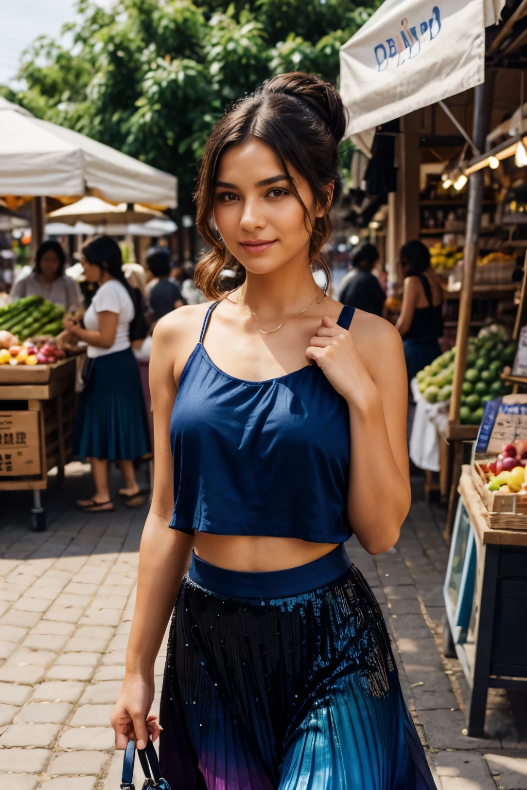 a woman appeared that sunny afternoon outside the natural food market, her ombre hairstyle, whisps of hair frame her face, soft natural skin, from the deep dark blue shadows, she wears a Janiyah Top, a stunning Pleated Dip Dye Midi Skirt, multicolored allover sequins glisten, with black roman sandals, she's elegant, playful, noticing the fresh produce, lively, she glances to the side towards me, to the camera, I catch her look, she's curious, she's distracted, we vanish into the market together