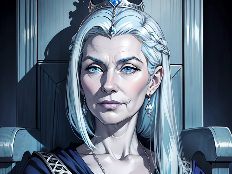 masterpiece, best quality, realistic, 1woman, mature female, quiet and charming woman, 50 year old, a smirk, closed mouth, white skin, portrait, extremely detailed face, cold and smirk, ((light blue eyes)), (( Platinum hair)), [thin eyebrows], blue and sliver jewelry, dark palace, ((Queen)), dim light, evil, throne background