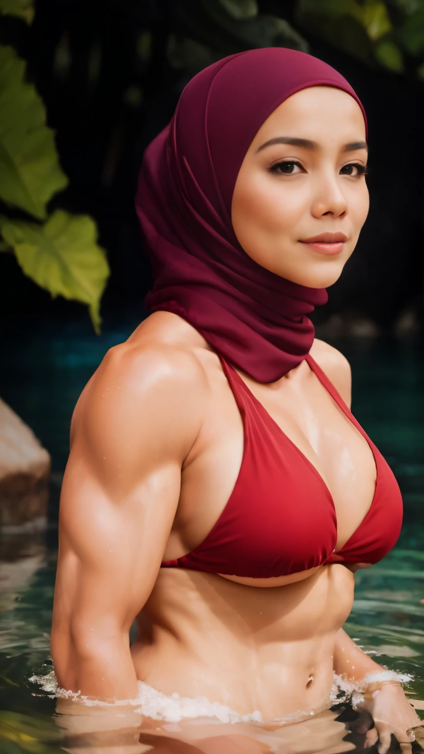 close-up portrait of a beautiful woman in hijab bathing in a river, wearing red bikini top and bottom bikini, tight, pear body shaped, heavy big breast, showing large cleavage, reeds, (backlight), realistic, masterpiece, high quality, lens reflection, shadow, flower, [[chromatic aberration]], by Jeremy Lipking, by Antonio J. Manzanedo, digital painting, ((body builder))