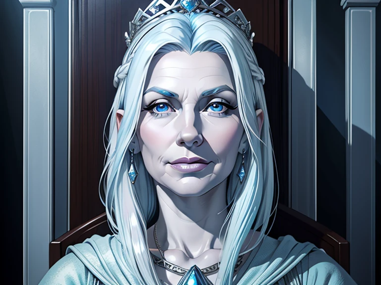 masterpiece, best quality, realistic, 1woman, mature female, quiet and charming woman, 40 year old, a smirk, closed mouth, white skin, portrait, extremely detailed face, cold and smirk, ((light blue eyes)), (( Platinum hair)), [thin eyebrows], blue and sliver jewelry, dark palace, ((Queen)), dim light, evil, throne background