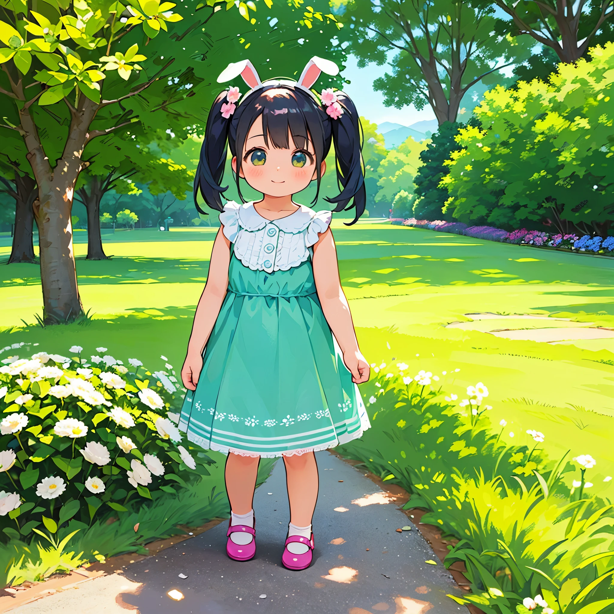 (photorealistic:1.37)、octane rendering、Morning park、Walk with a rabbit doll、Girl has twin tail hairstyle and smiles、Bright colors、soft sunlight、beautiful flower、green grass、playful atmosphere、peaceful environment、detailed texture、Bright colors、cute shoes with accessories、He looks happy