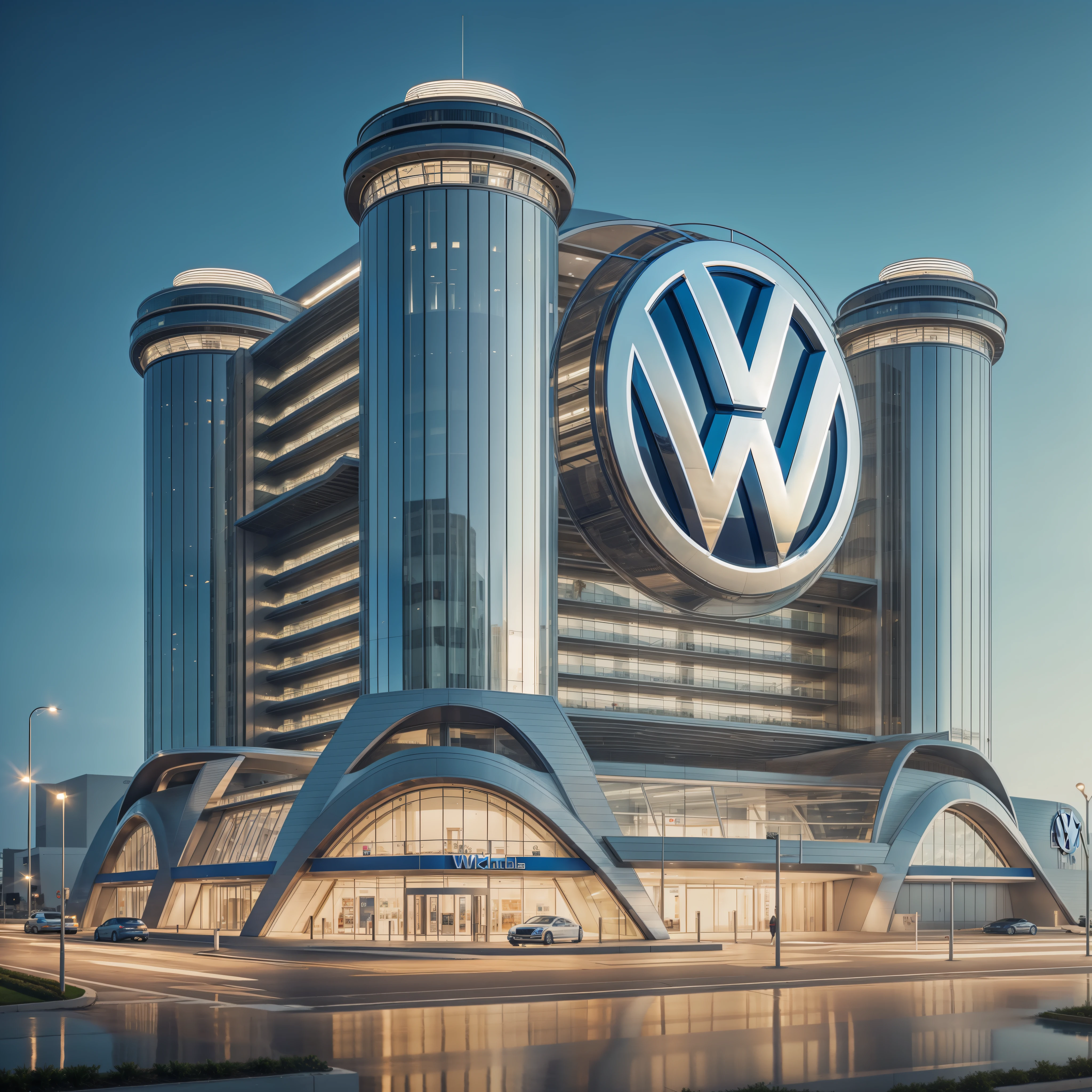futuristic Volkswagen dealer building with big VW logo