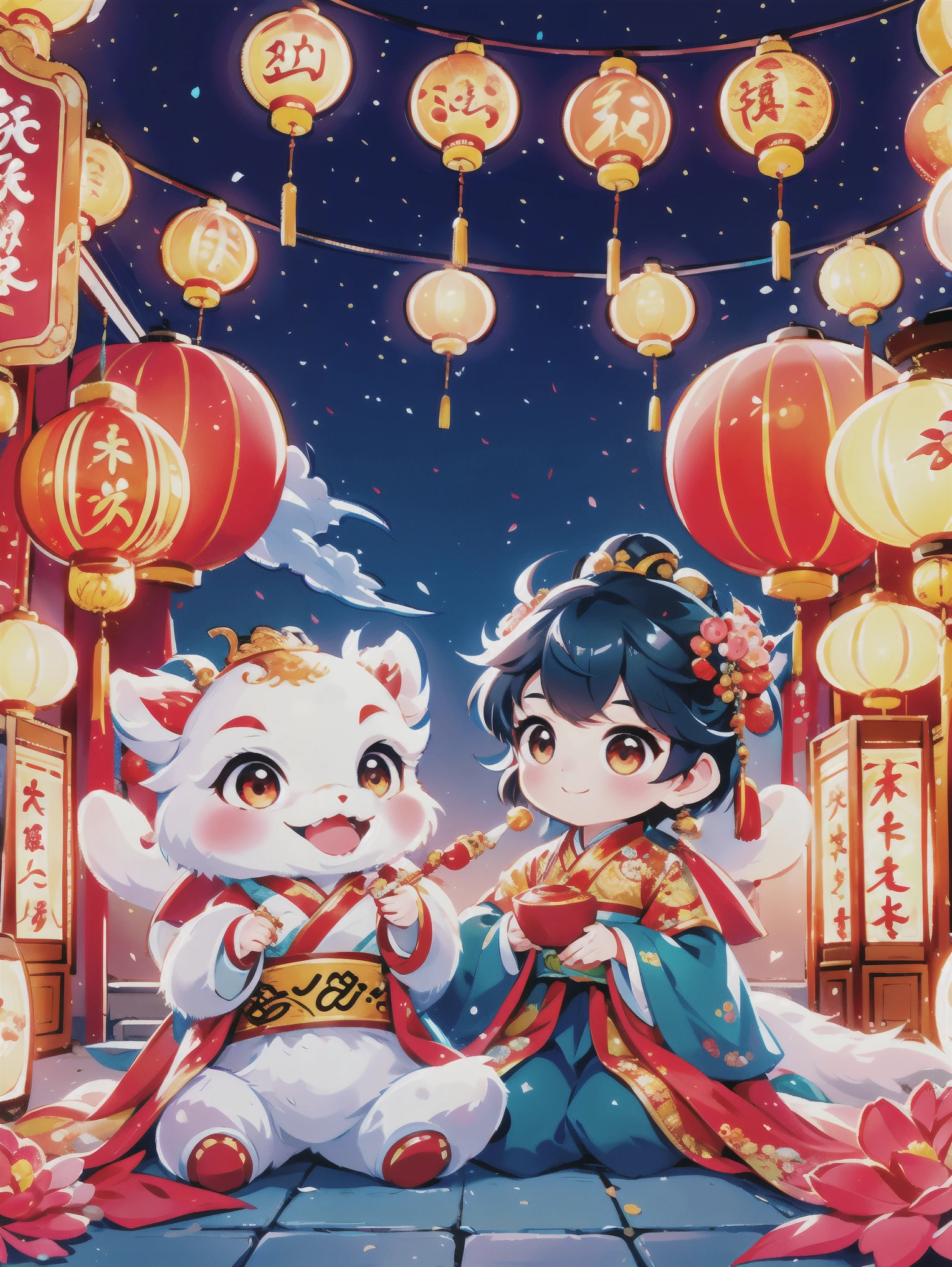 1 男孩拥抱cute的小中国龙，little prince of china，Chinese little dragon，cute，festival，Chinese New Year，firecrackereworks，lantern