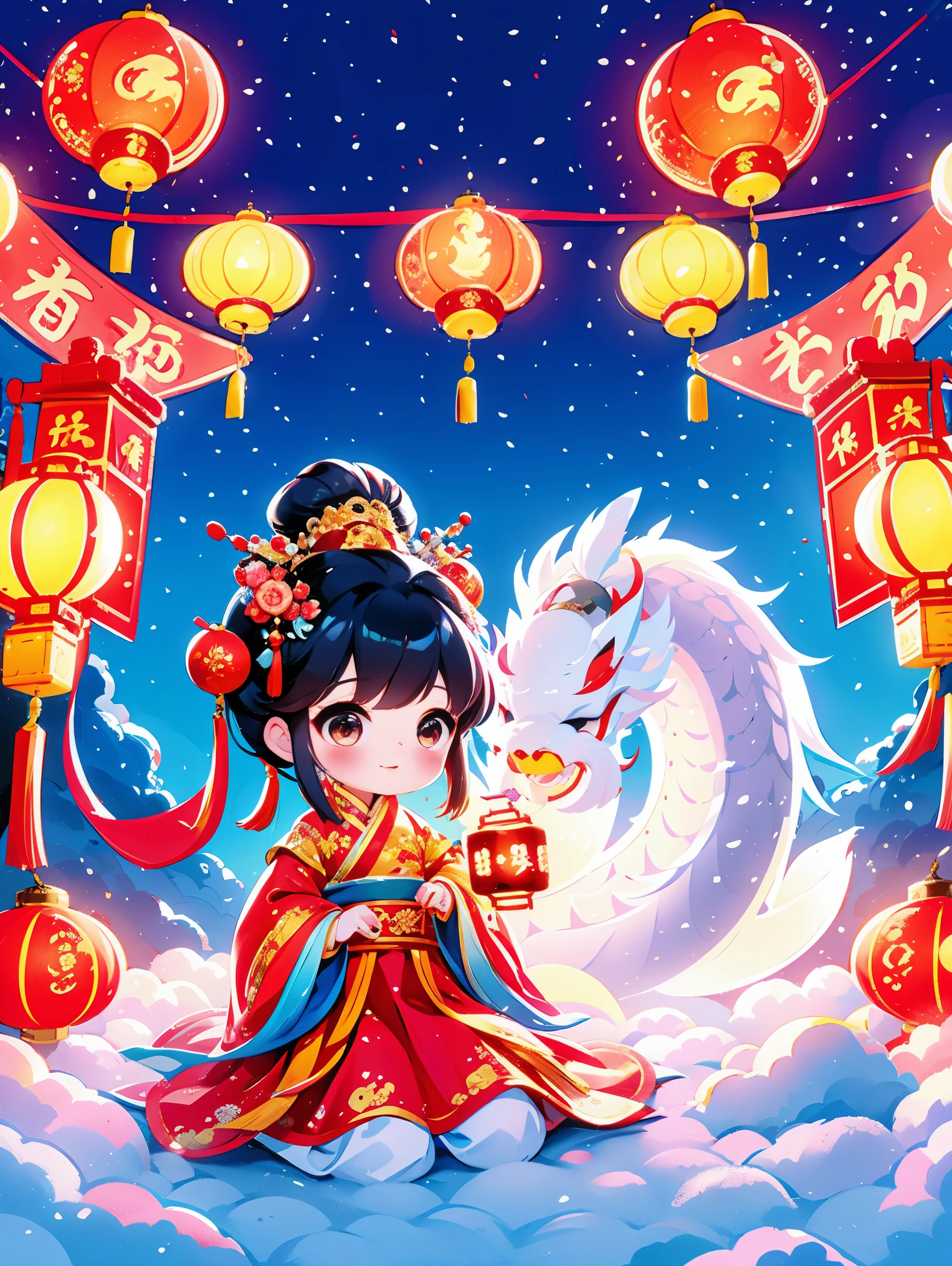 1 女孩拥抱cute的小中国龙，Chinese little princess，Chinese little dragon，cute，festival，Chinese New Year，firecrackereworks，lantern