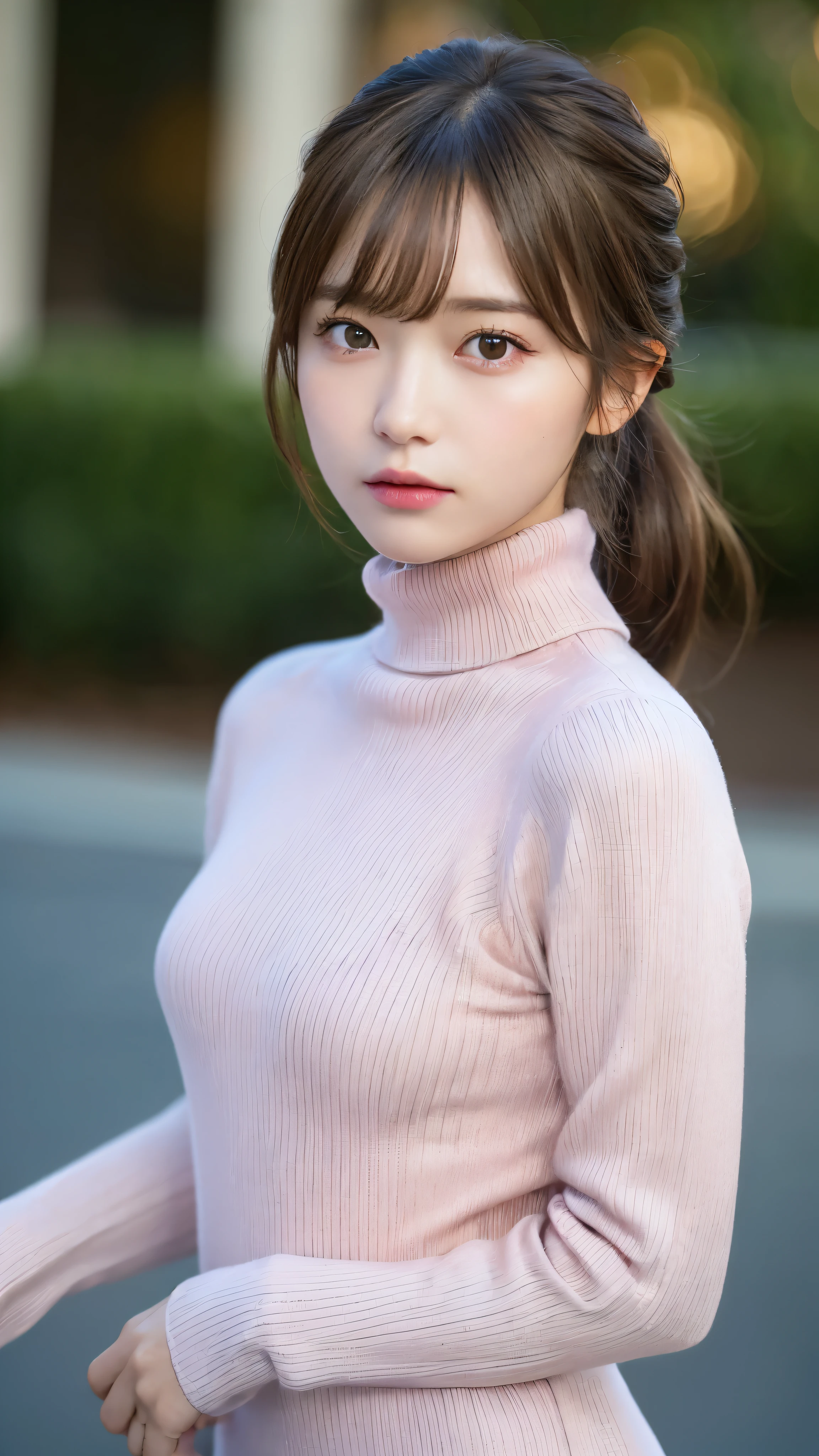 (masterpiece:1.5)、(realistic:1.5)、(highest quality:1.4、8K、RAW photo)、
ultra high resolution、professional lighting、perfect dynamic composition、Shooting outdoors、
film grain、chromatic aberration、(Bokeh:1.1)、
Frank、Sophisticated、charm、超realistic、high detail、golden ratio、
(1 girl)、slender girl、繊細でcharm女の子、cute woman:1.4、
serious expression、looking at the viewer、various poses、
light brown hair、shining hair、Hair style is ponytail、
skin that looks real、
close your mouth、fine eyes、double eyelid、thin arms、、
(She is wearing a pink turtleneck ribbed sweater dress.:1.3)
