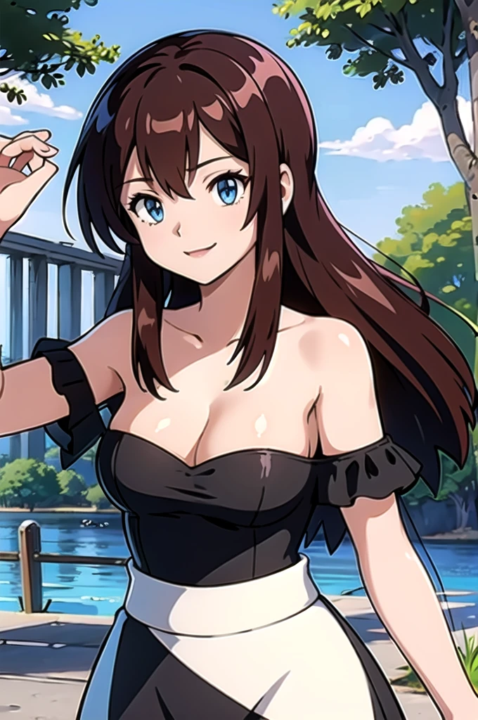 Melody, 1 girl, brown hair, blue eyes, bare shoulders, strapless, off shoulders, black ruffle off the shoulder top, black maxi dress, close up headshot, intricate details, sharp focus, high resolution, the background of beautiful park with trees and canals, beautiful sunny day, seductive smile