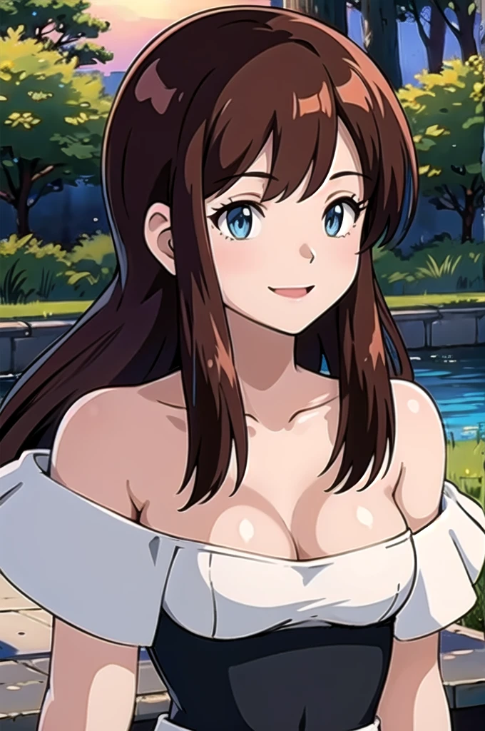 Melody, 1 girl, brown hair, blue eyes, bare shoulders, strapless, off shoulders, black ruffle off the shoulder top, black maxi dress, close up headshot, intricate details, sharp focus, high resolution, the background of beautiful park with trees and canals, beautiful sunny day, seductive smile