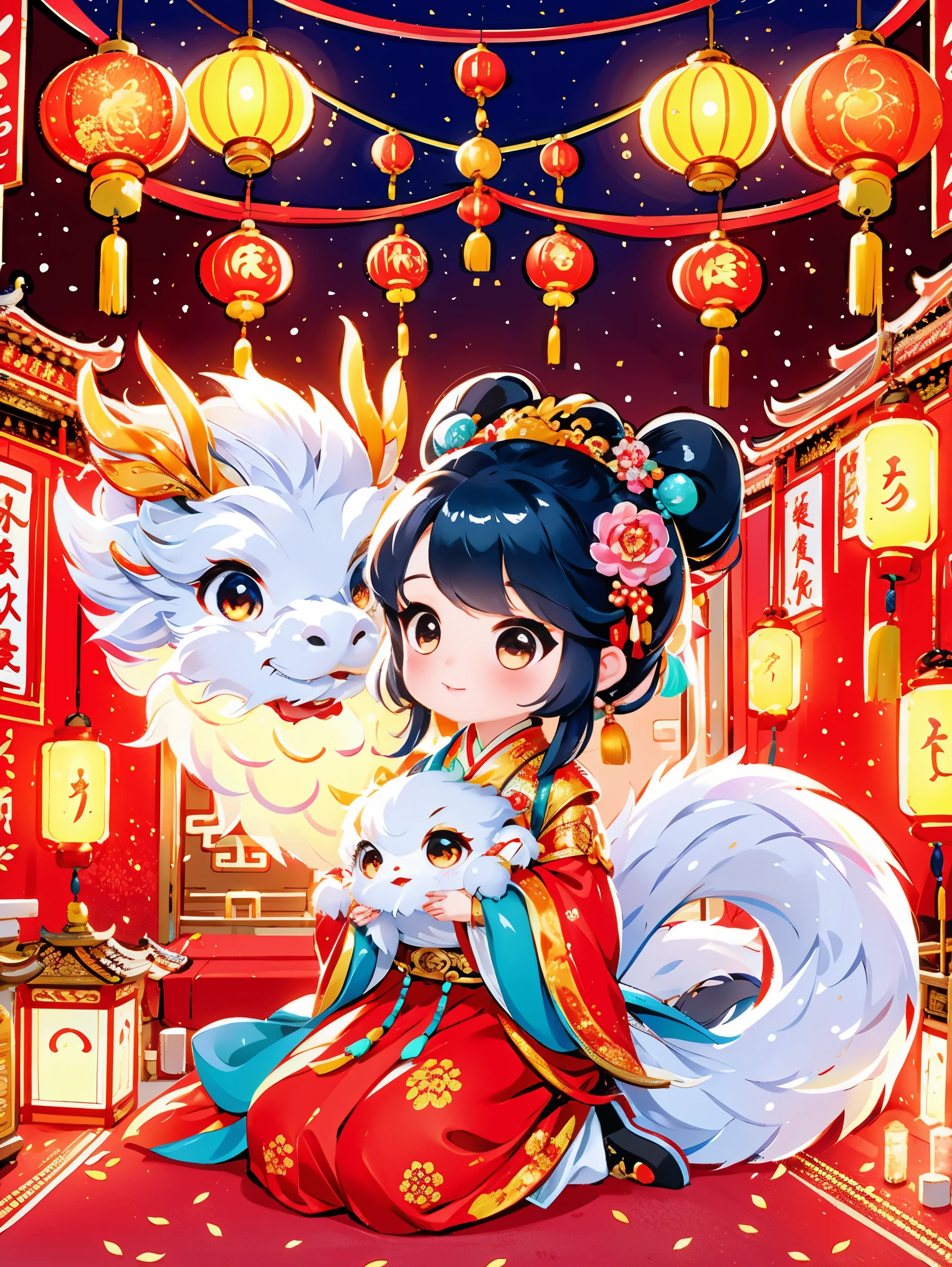 1 女孩拥抱cute的小中国龙，Chinese little princess，Chinese little dragon，cute，festival，Chinese New Year，firecrackereworks，lantern