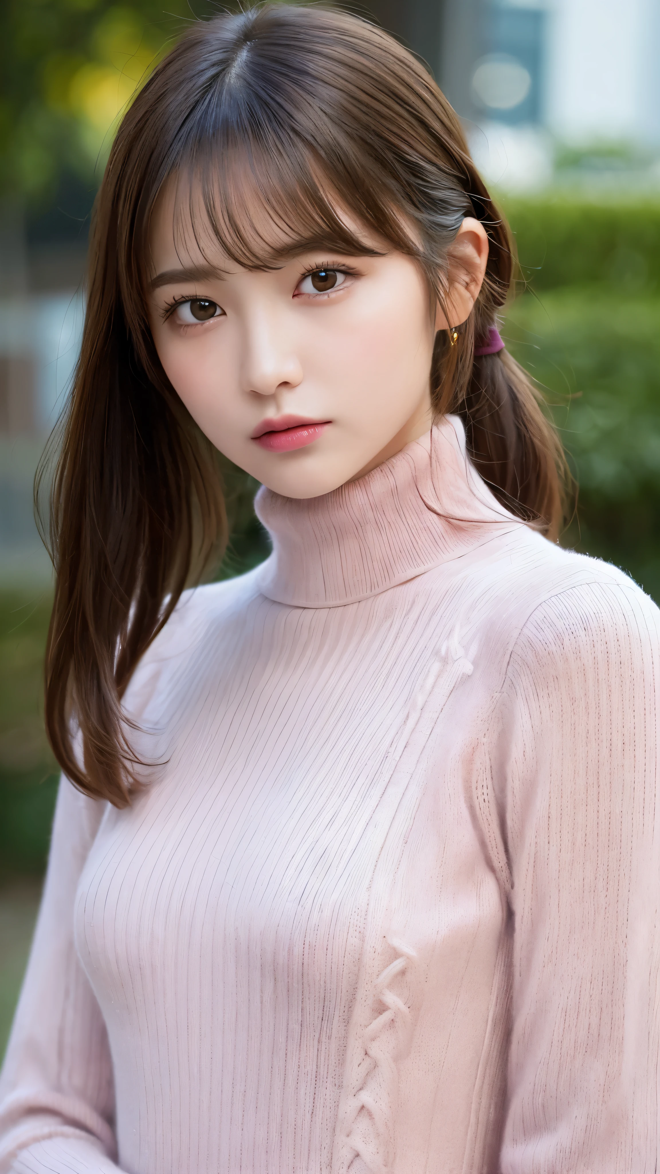 (masterpiece:1.5)、(realistic:1.5)、(highest quality:1.4、8K、RAW photo）、
ultra high resolution、professional lighting、perfect dynamic composition、Shooting outdoors、
film grain、chromatic aberration、(Bokeh:1.1)、
Frank、Sophisticated、charm、超realistic、high detail、golden ratio、
(1 girl)、slender girl、繊細でcharm女の子、cute woman:1.4、
serious expression、looking at the viewer、various poses、
light brown hair、shining hair、Hair style is ponytail、
skin that looks real、
close your mouth、fine eyes、double eyelid、thin arms、、
(She is wearing a pink turtleneck ribbed sweater dress.:1.3)
