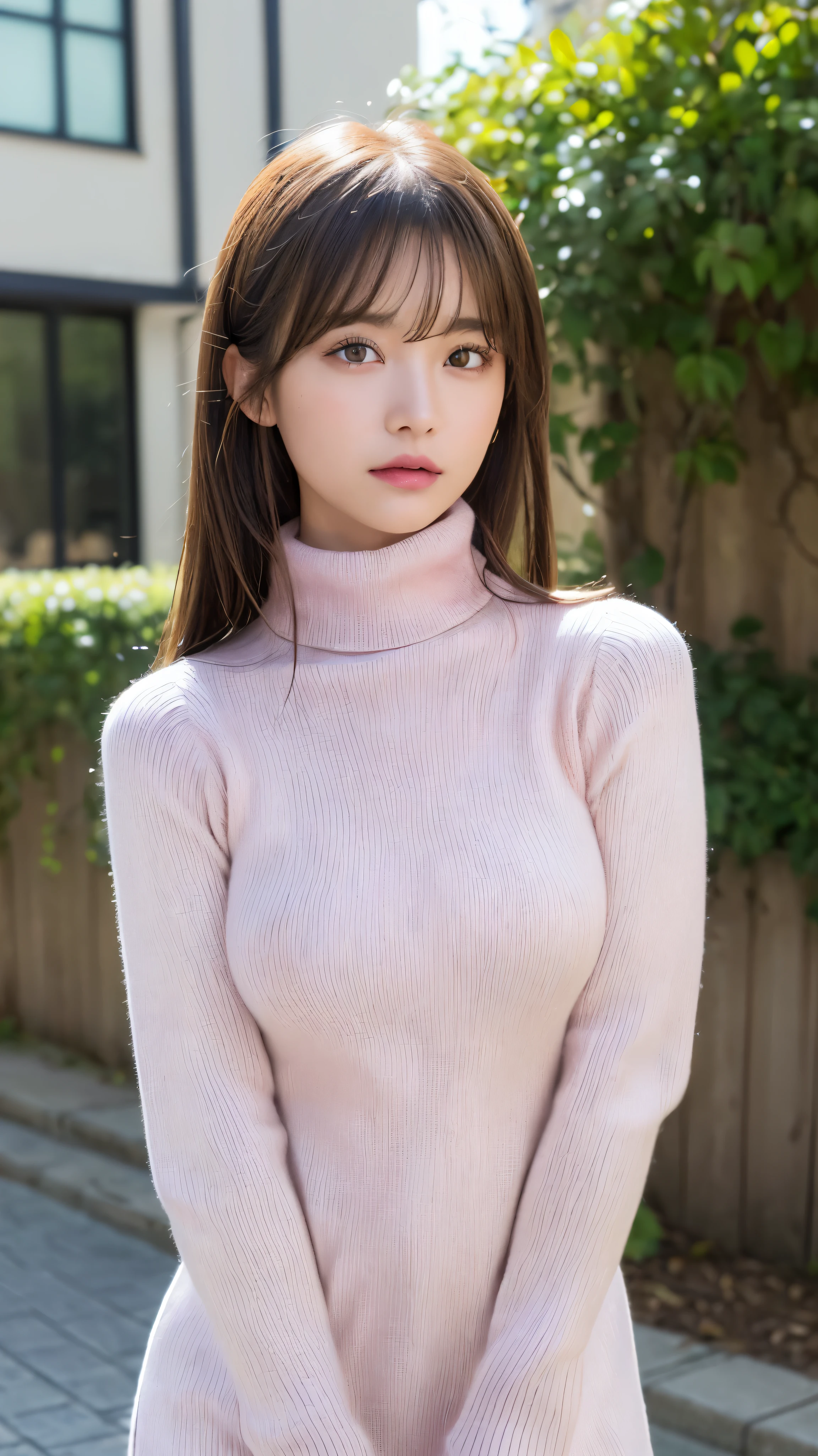 (masterpiece:1.5)、(realistic:1.5)、(highest quality:1.4、8K、RAW photo)、
ultra high resolution、professional lighting、perfect dynamic composition、Shooting outdoors、
film grain、chromatic aberration、(Bokeh:1.1)、
Frank、Sophisticated、charm、超realistic、high detail、golden ratio、
(1 girl)、slender girl、繊細でcharm女の子、cute woman:1.4、
serious expression、looking at the viewer、various poses、
light brown hair、shining hair、Hair style is ponytail、
skin that looks real、
close your mouth、fine eyes、double eyelid、thin arms、、
(She is wearing a pink turtleneck ribbed sweater dress.:1.3)