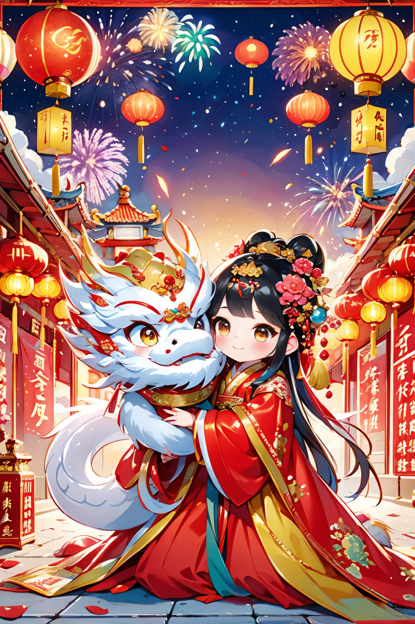 1 girl hugging cute little chinese dragon, chinese little princess, chinese dragon, cute, festival, chinese new year, firecrackers, fireworks, lanterns