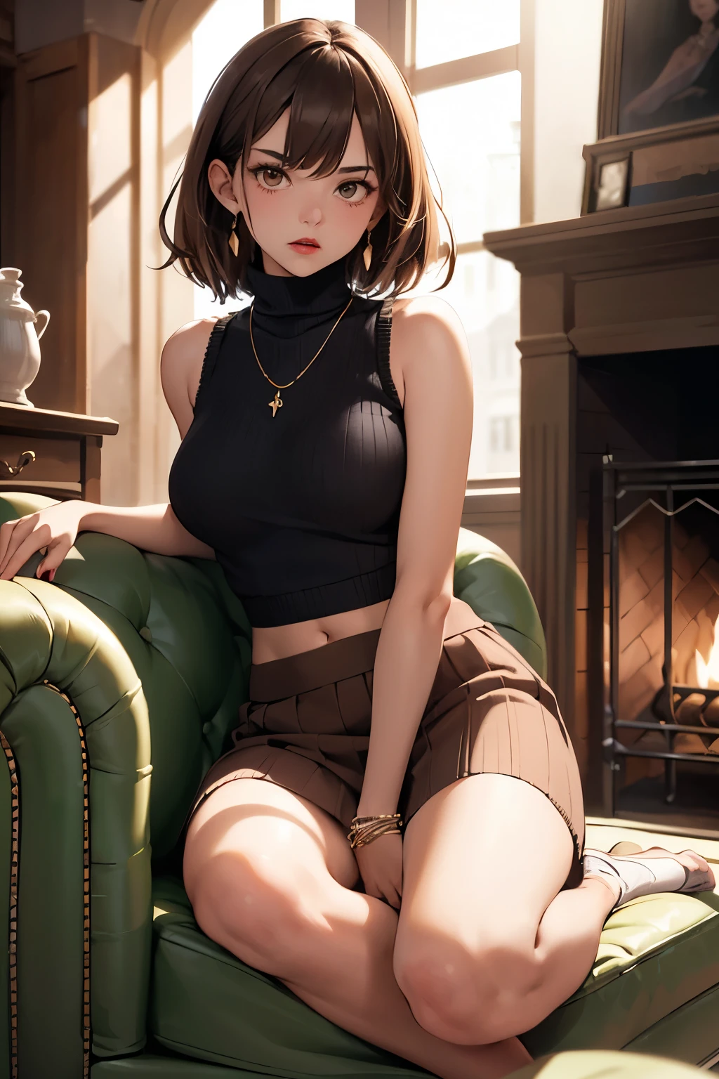 ((best quality)), ((masterpiece)), (detailed), Ridiculous resolution, high resolution, (masterpiece:1.4), Hyper-detailing, a woman. she is . Brown hair. She has bangs in her hair. red lips. (Ultra detailed brown eyes)). she is lying on a sofa by the fireplace. She is wearing a sleeveless cropped woolen sweater. She is wearing a woolen, ribbed mini skirt. necklace. full body shot. she is angry.



