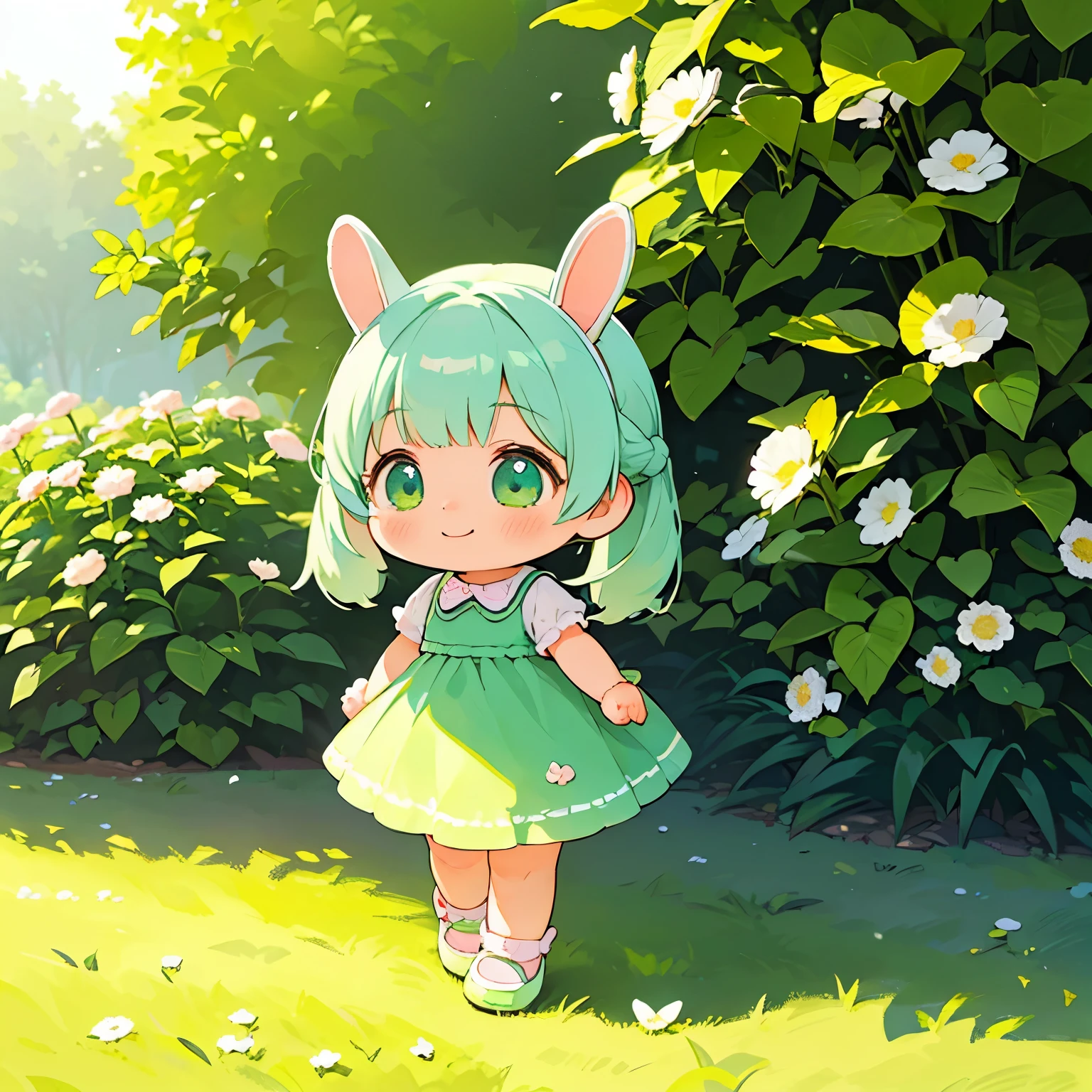 (photorealistic:1.37)、octane rendering、Morning park、Walk with a rabbit doll、Girl has twin tail hairstyle and smiles、Bright colors、soft sunlight、beautiful flower、green grass、playful atmosphere、peaceful environment、detailed texture、Bright colors、cute shoes with accessories、He looks happy