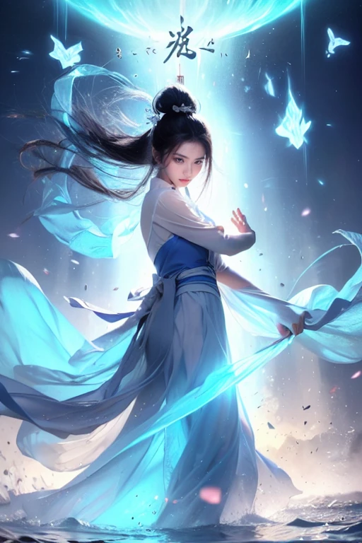 best quality, masterpiece:1.2, 8k, flowing energy, glowing hair, 1girl,elegant, black long hair, floating energy scroll, pink eyes, dynamic pose (in Chinese), Hanfu:1.2, glowing text, transparent text, energy particles, energy fluid, dawn, blue energy, light particle effect